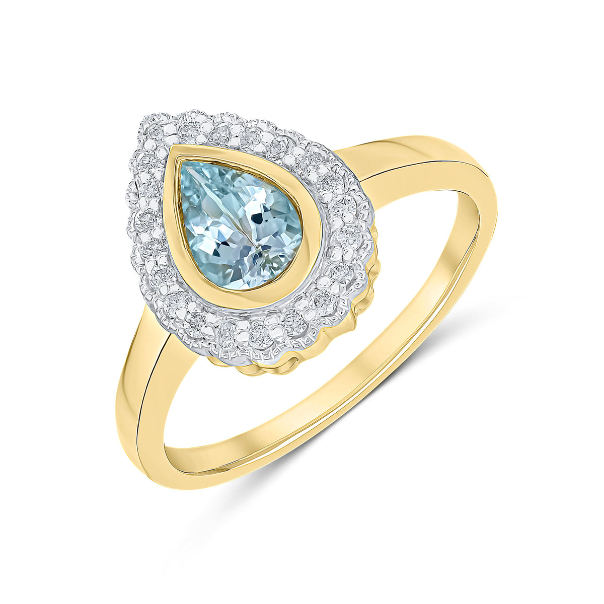 9ct Yellow Gold Pear Shape Rubover Aquamarine and Milgrain Round Diamond Cluster Ring Rhodium to Diamonds