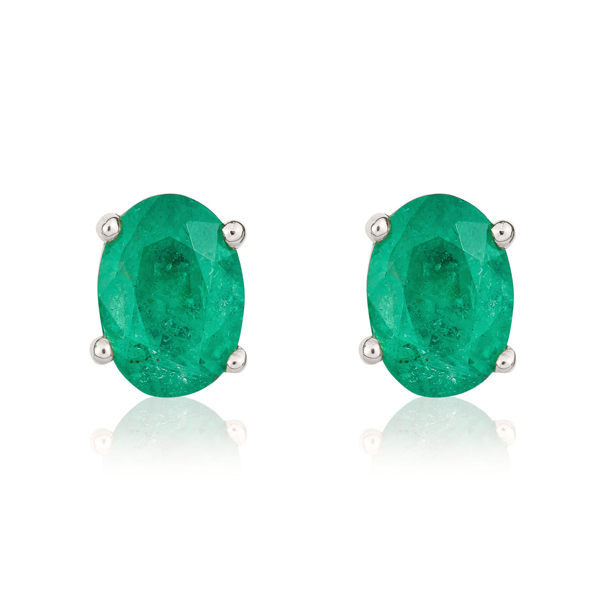 9ct White Gold Oval Emerald Claw Stud Earrings