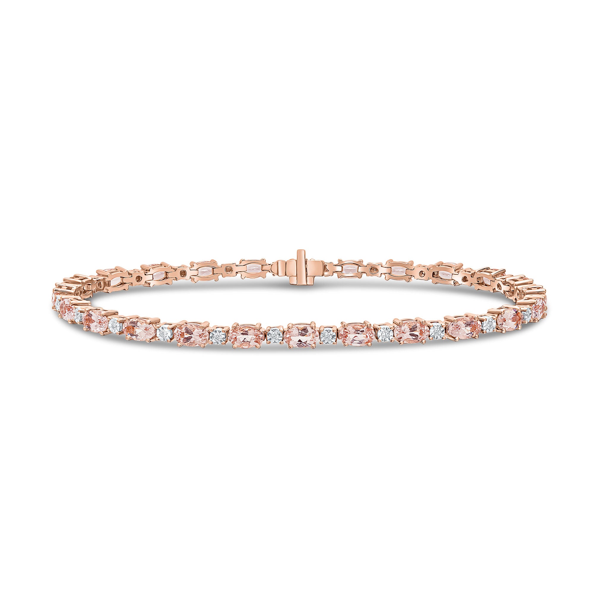 18ct Rose Gold Claw Set Oval Morganite & White Gold Illusion Set Diamond Line Bracelet