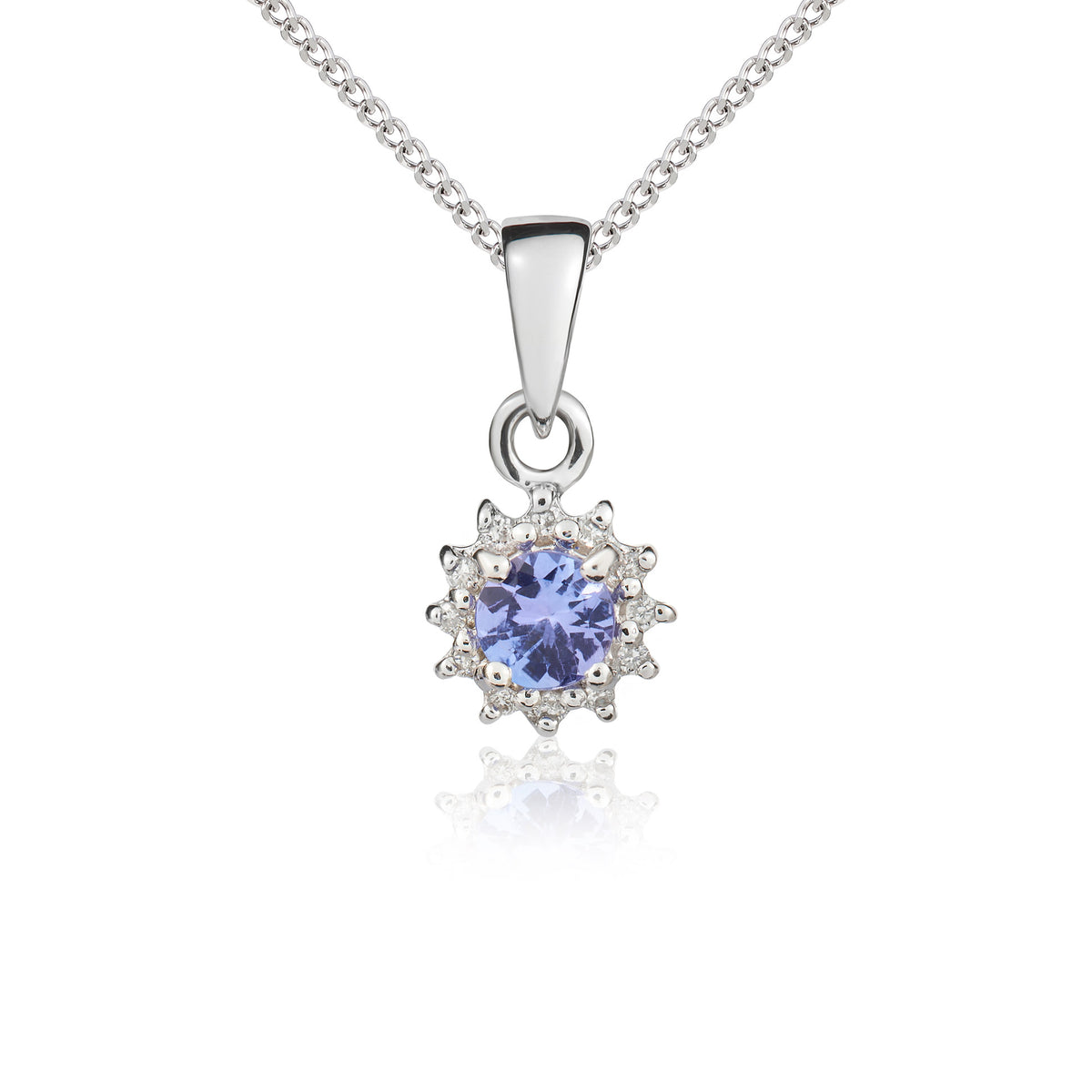 9ct White Gold 4mm Round Tanzanite & Diamond Cluster Claw Pendant