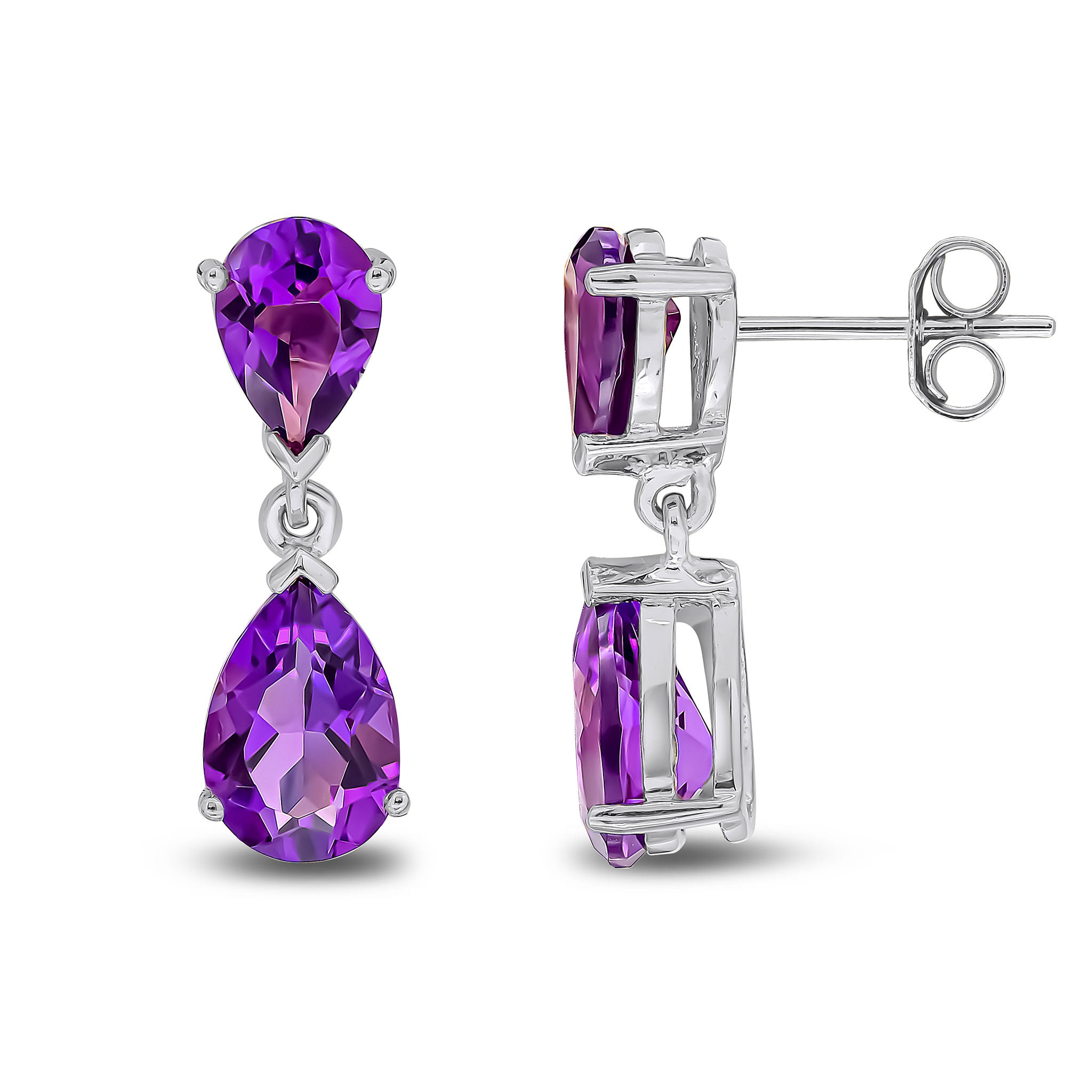 9ct White Gold Pear Shape Amethyst 2 Stone Claw Set Drop Earrings