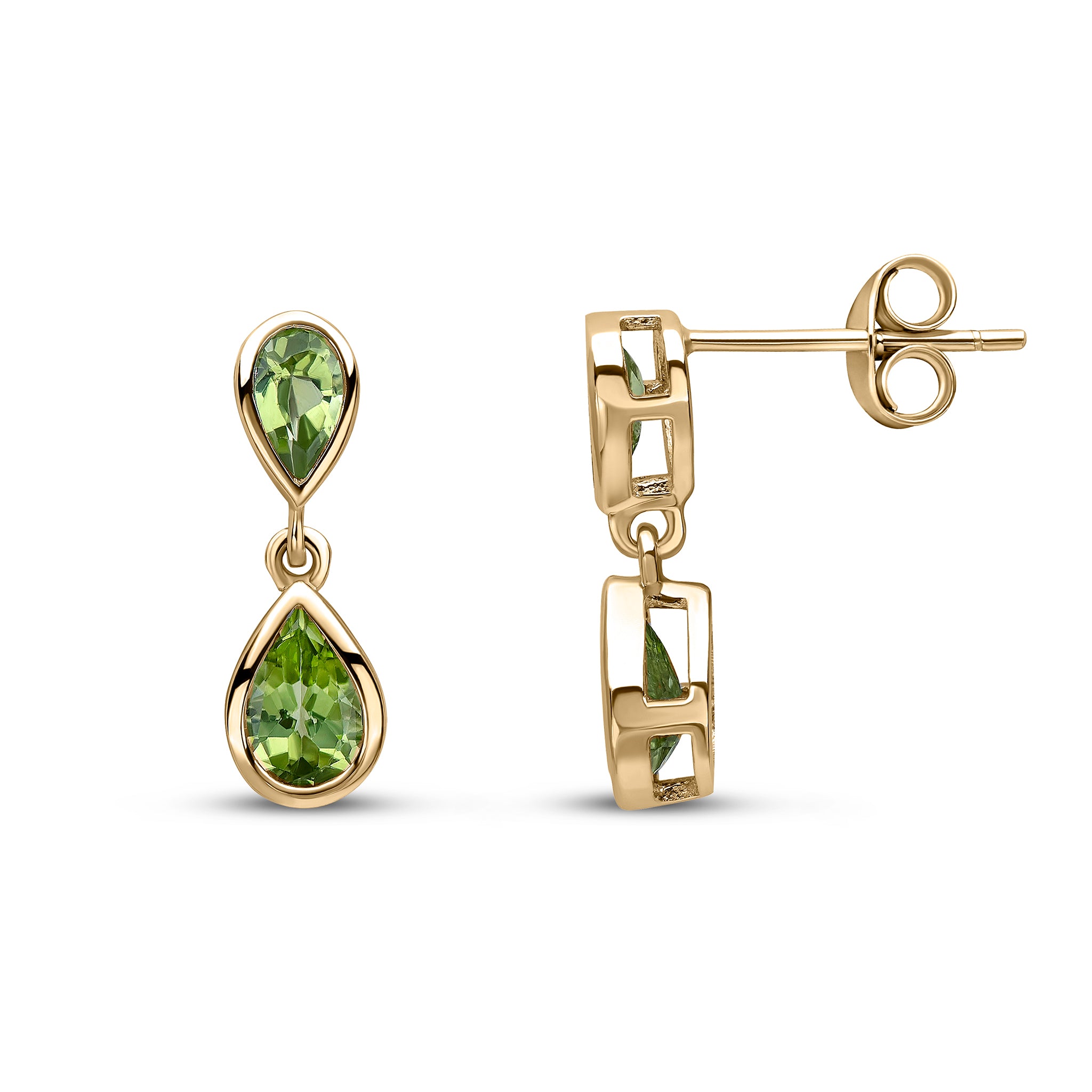 9ct Yellow Gold Pear Shape Peridot Rubover 2 Stone Drop Earrings