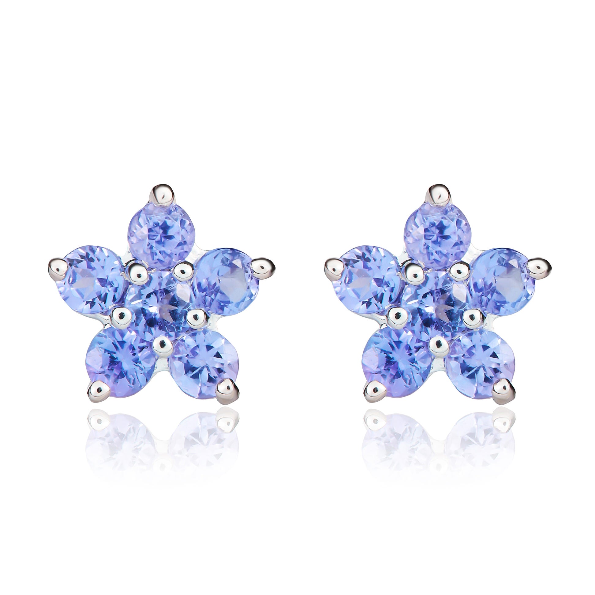 9ct White Gold 5x1 Round Tanzanite Claw Set Cluster Earrings