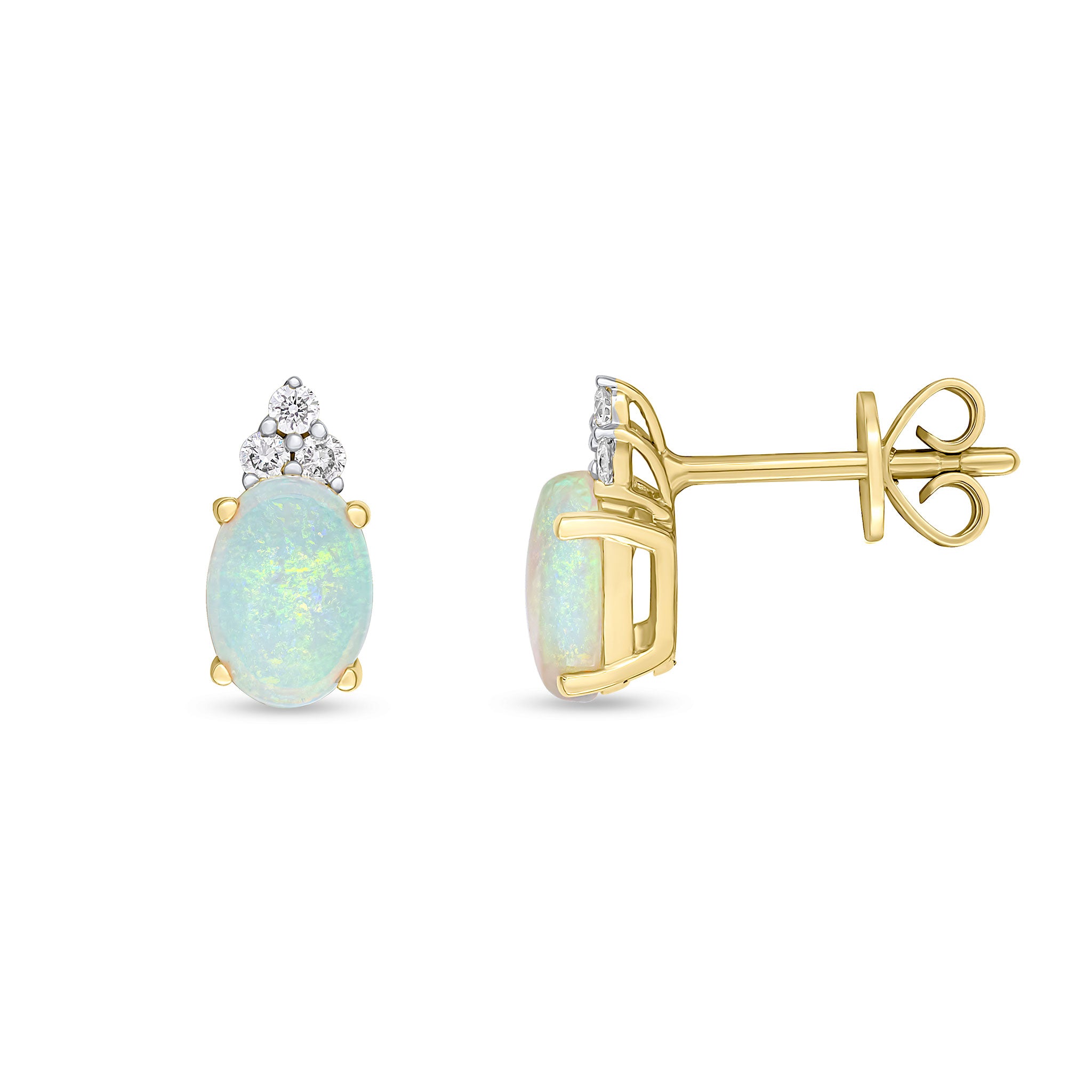 18ct Yellow Gold Claw Set 7x5 Oval Opal & Round Diamond Trefoil Top Earrings Rhodium to Diamonds