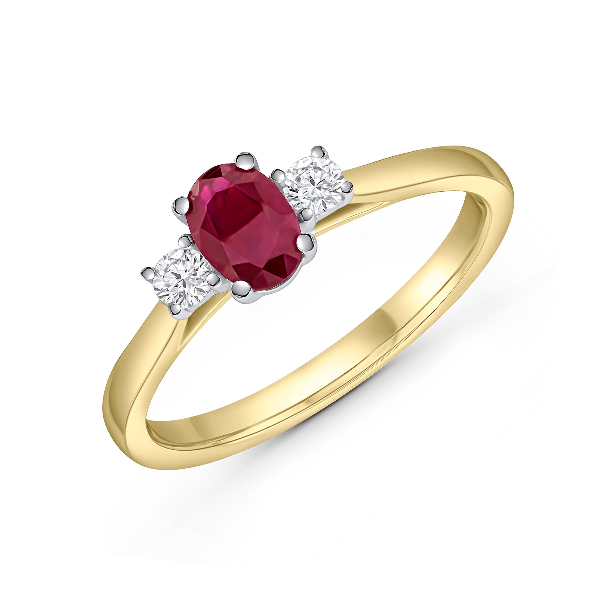 18ct Yellow and White Gold Oval Ruby and Round Diamond Claw Set 3 Stone Ring