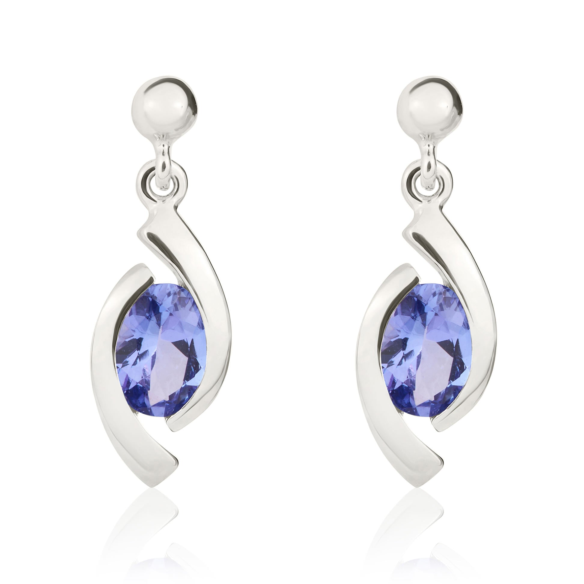 9ct White Gold Oval Tanzanite 'Eye' Drop Earrings With 3mm Bead Top