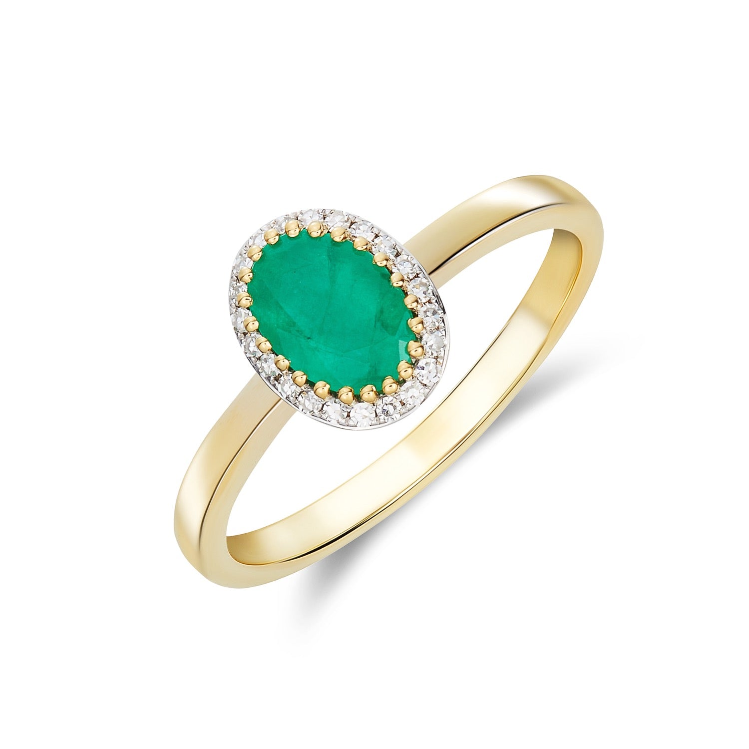 9ct Yellow Gold 7x5 Oval Emerald and Round Diamond Claw Set Cluster Ring Rhodium to Diamonds