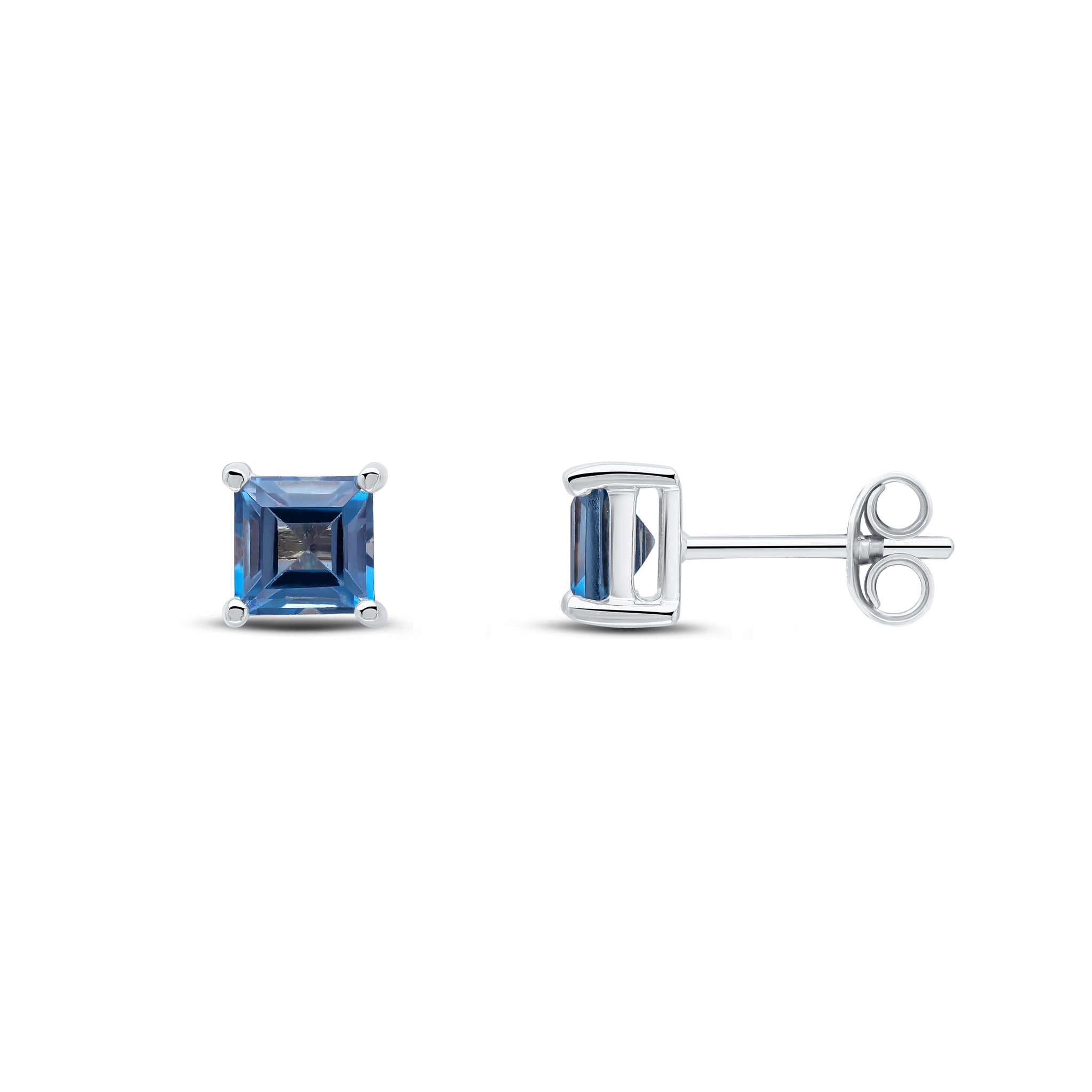 9ct White Gold 5mm Square London Blue Topaz Claw Set Earrings