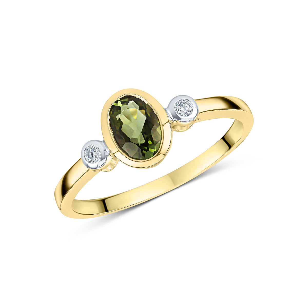 9ct Yellow Gold 7x5 Oval Green Tourmaline and Round Diamond 3 Stone Rubover Ring Rhodium to Diamonds