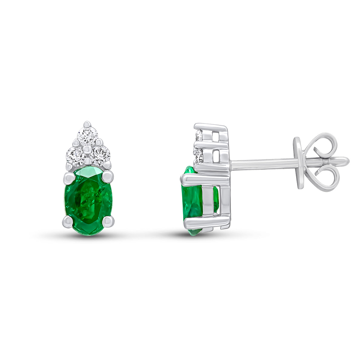 18ct White Gold 7x5 Oval Emerald & Diamond Trefoil Claw Set Earrings