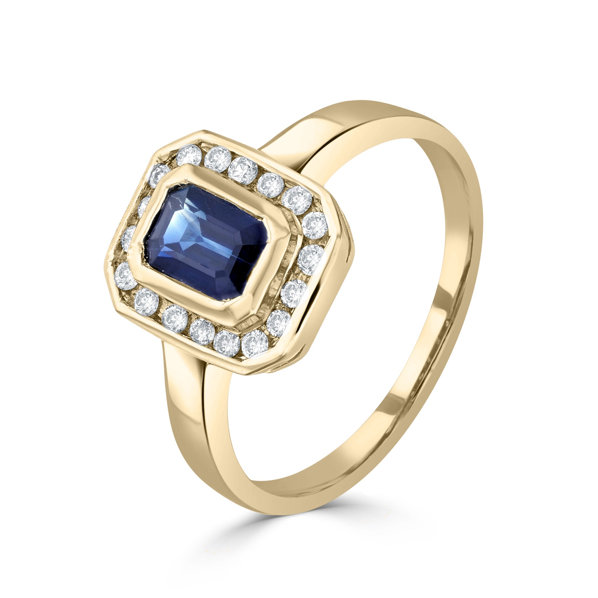 9ct Yellow Gold Rubover 6x4 Octagon Sapphire & Channel Set Diamond Cluster Ring