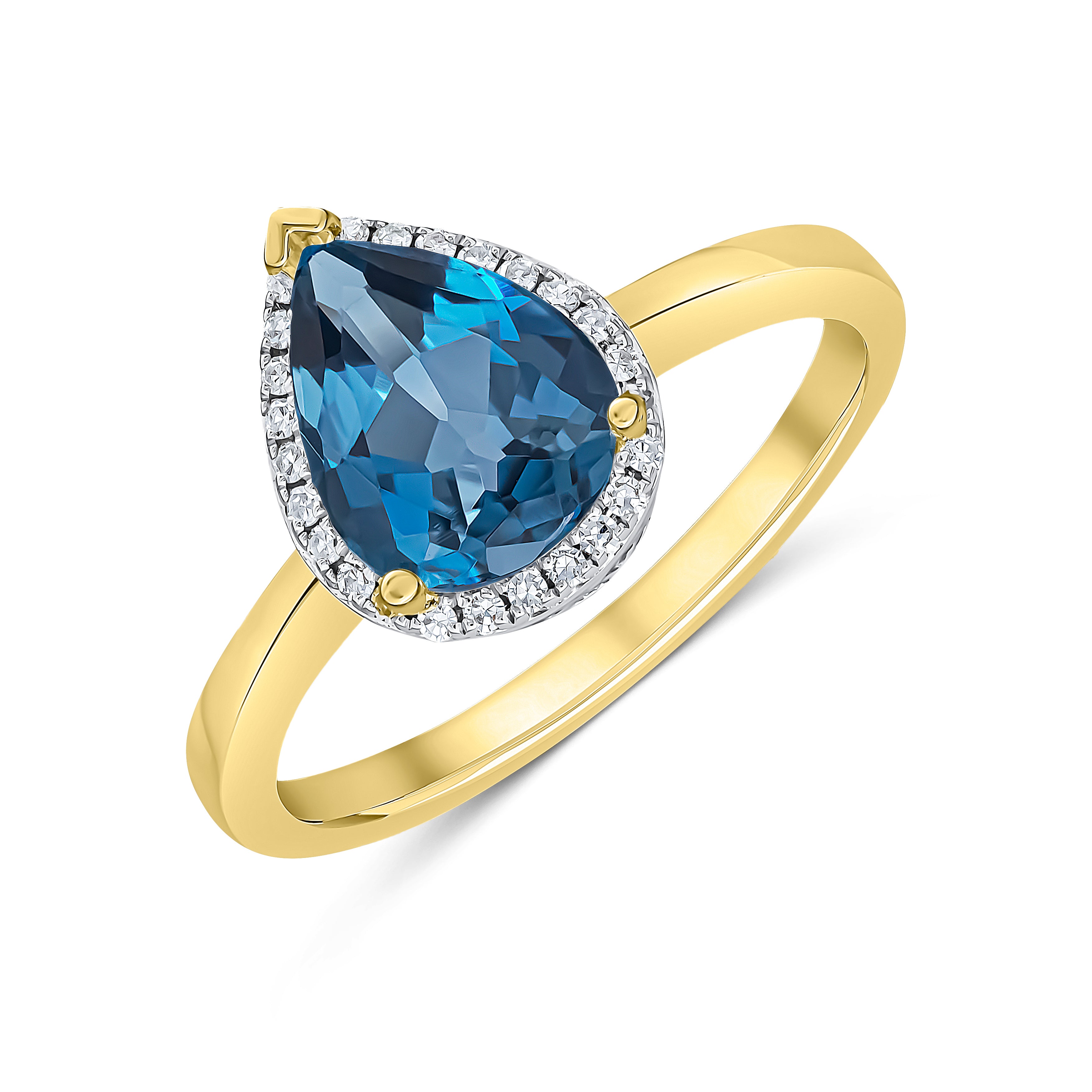 9ct Yellow Gold 9x7 Pear Shape London Blue Topaz & Diamond Claw Set Cluster Ring Rhodium to Diamonds