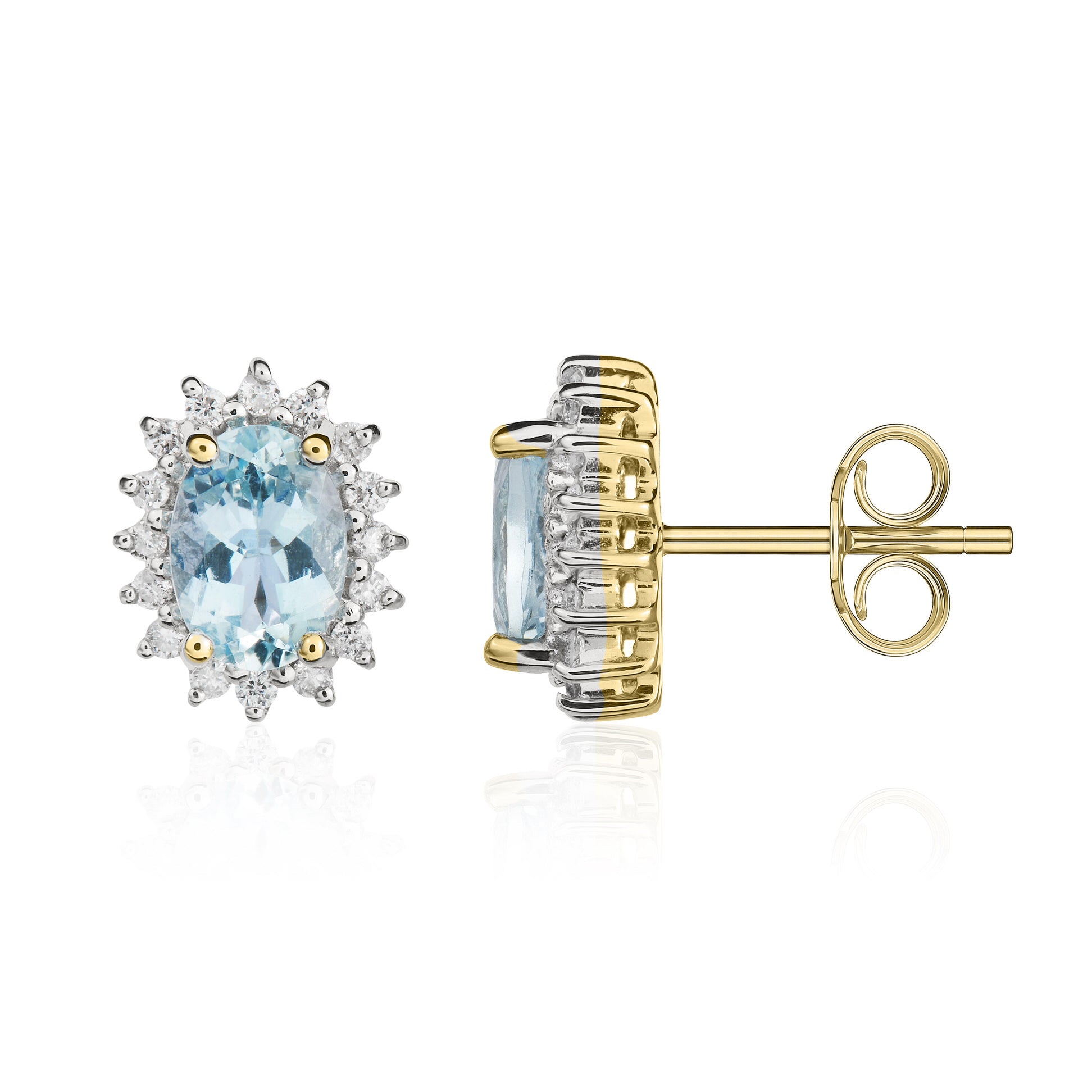 9ct Yellow Gold 7x5 Oval Aquamarine & Diamond Claw Set Cluster Earrings Rhodium to Diamonds