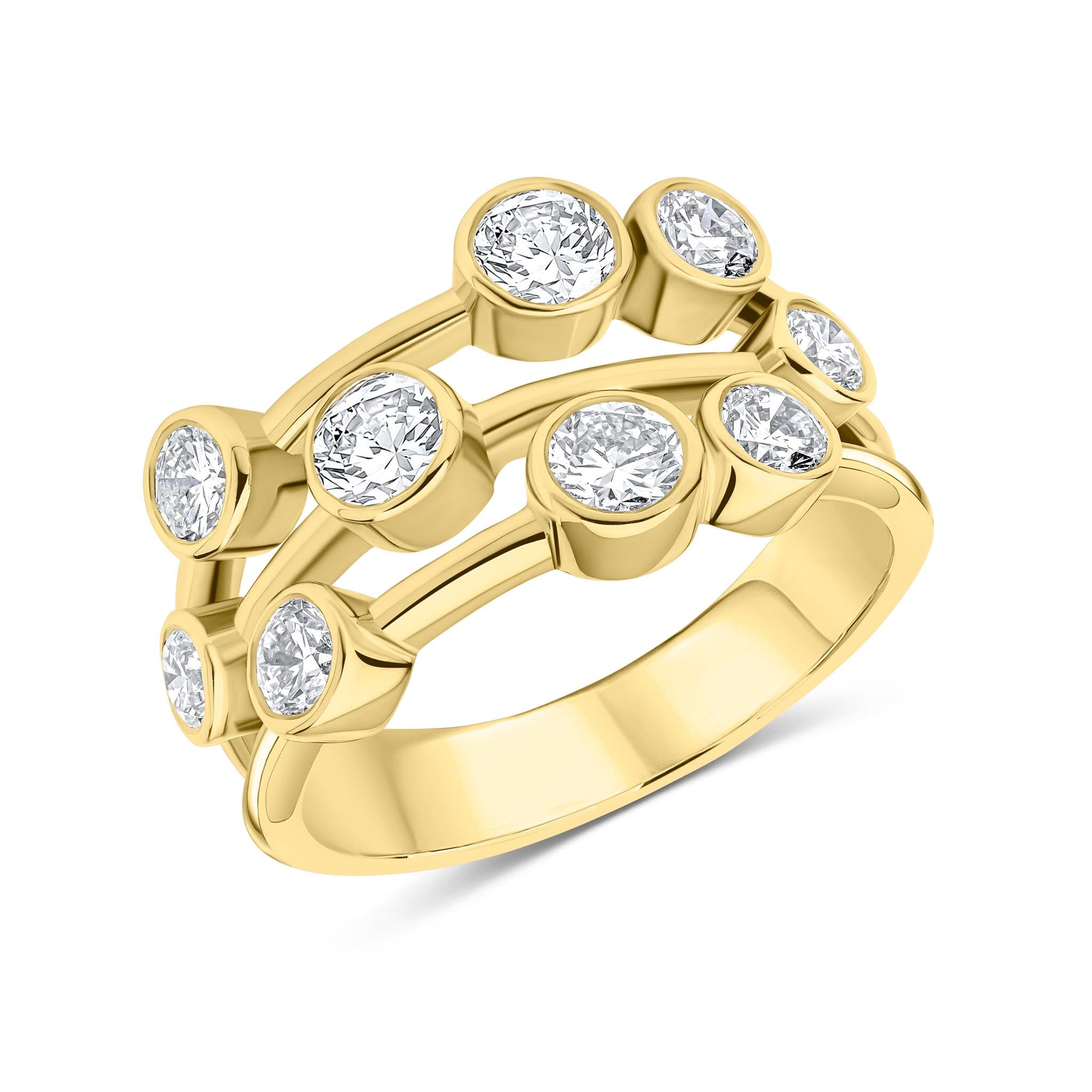 18ct Yellow Gold Round Diamond 3 Row Bubble Ring 2ct