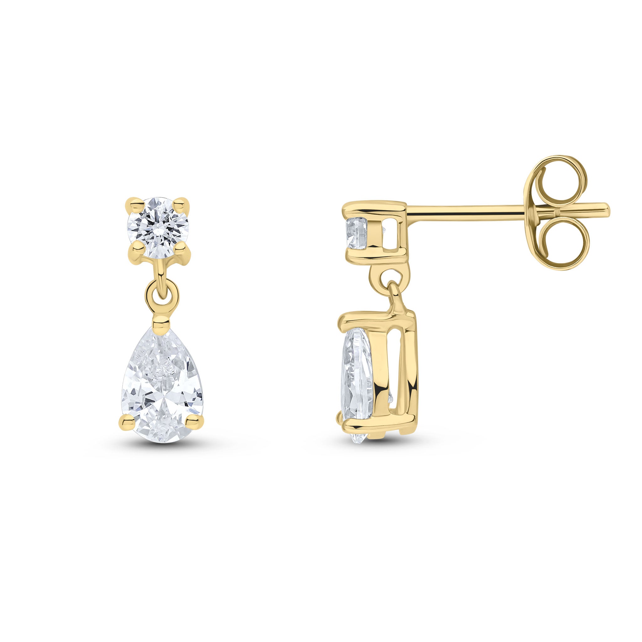 9ct Yellow Gold Round and Pear Shape CZ 2 Stone Claw Set Drop Earrings