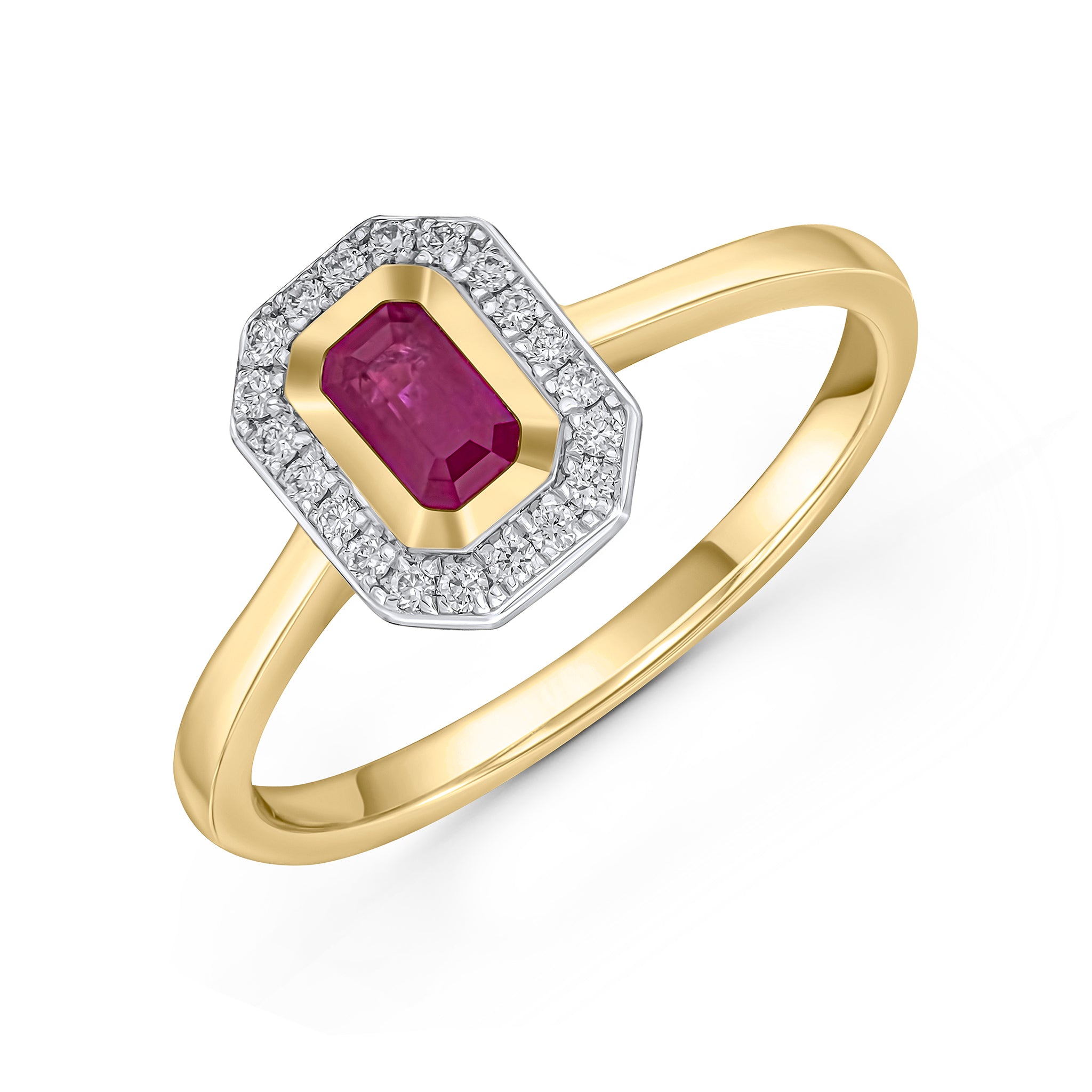 18ct Yellow Gold Rubover Octagon Ruby and Grain Set Diamond Cluster Ring
