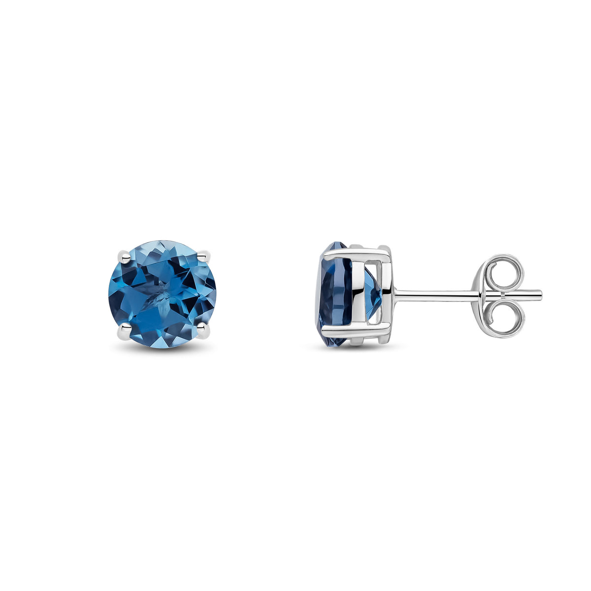 9ct White Gold 7mm Round London Blue Topaz Claw Set Earrings