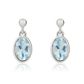 9ct white gold 7 x 5mm Oval aquamarine Rubover Drop Earrings With Bead Top