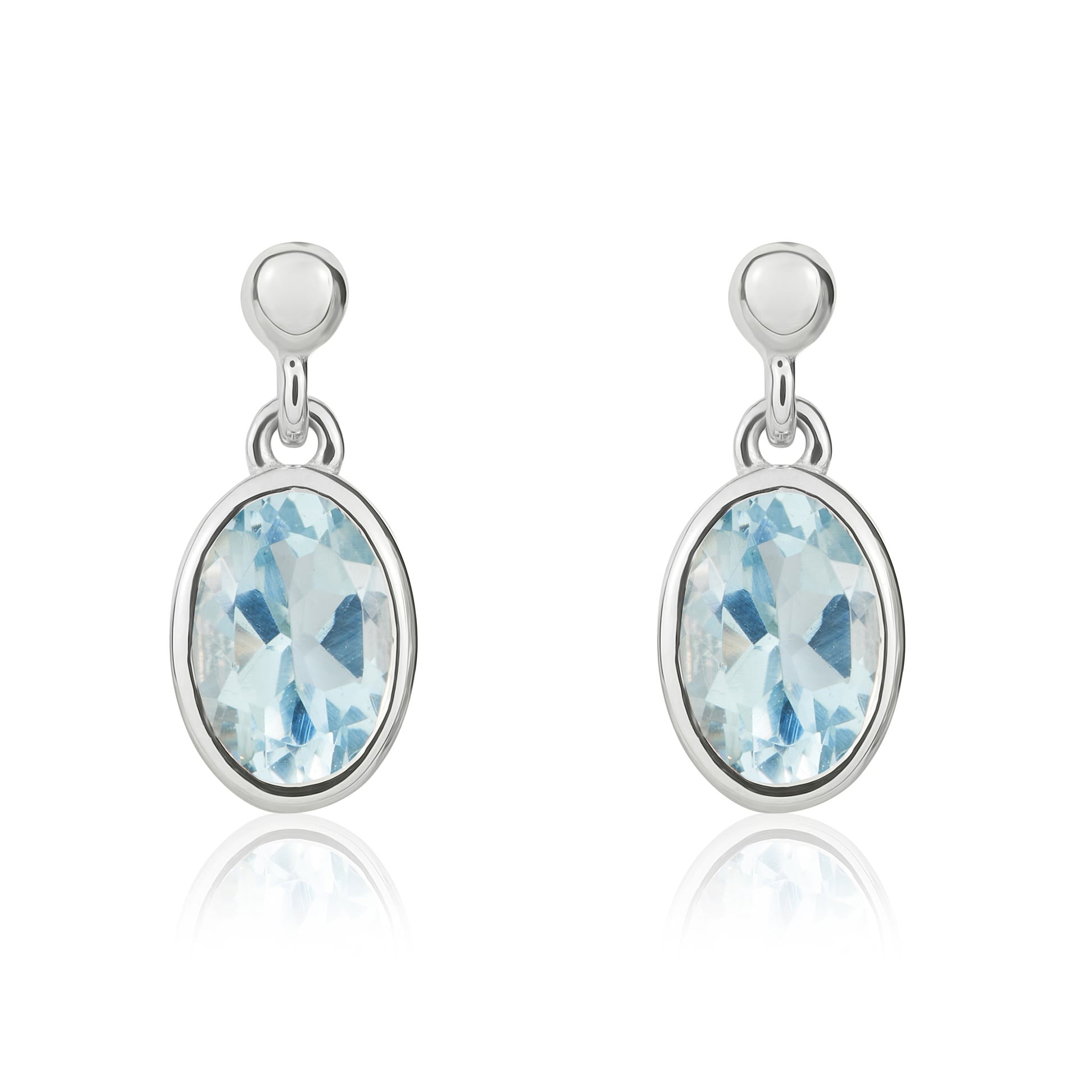 9ct white gold 7 x 5mm Oval aquamarine Rubover Drop Earrings With Bead Top