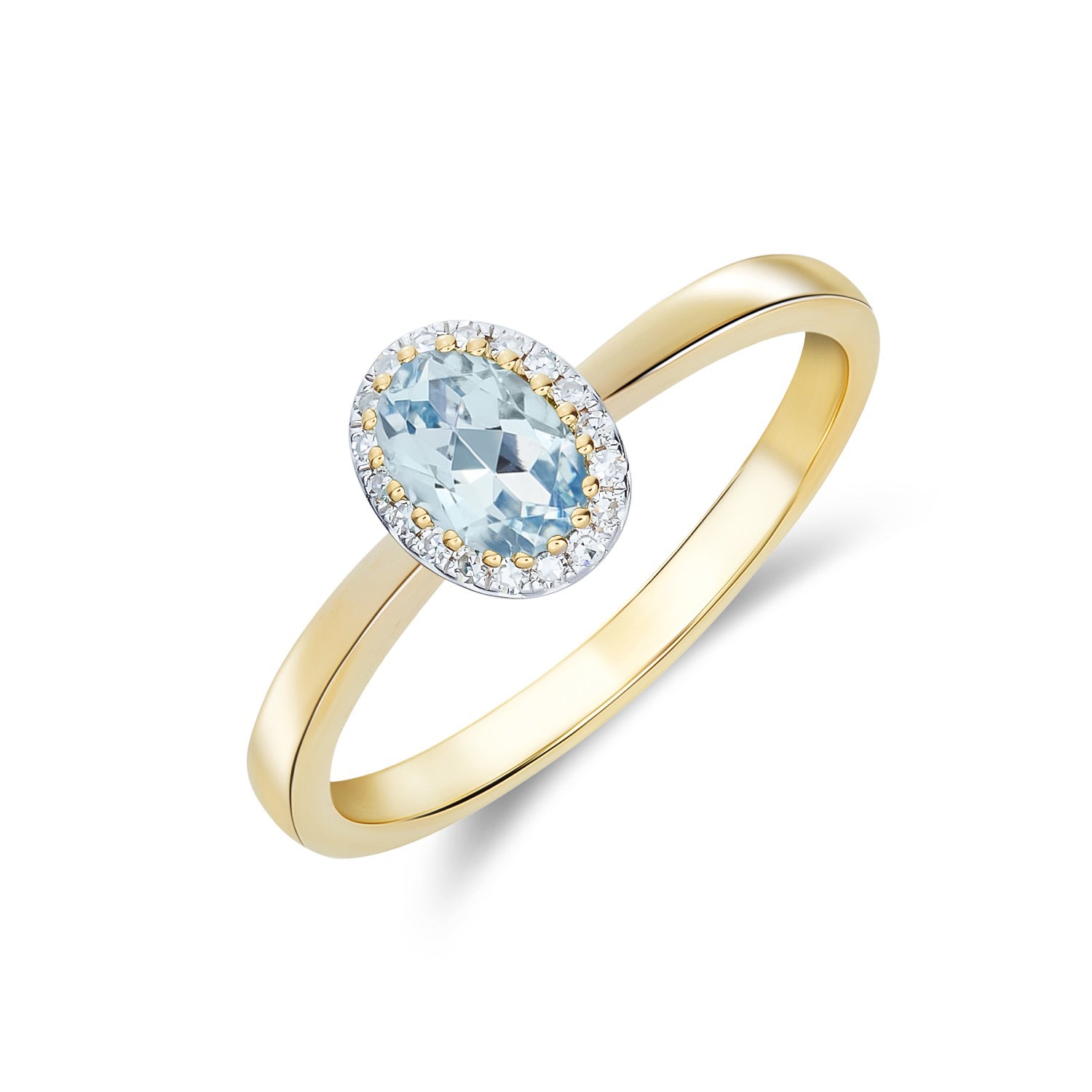 9ct Yellow Gold Oval Aquamarine and Diamond Claw Cluster Ring