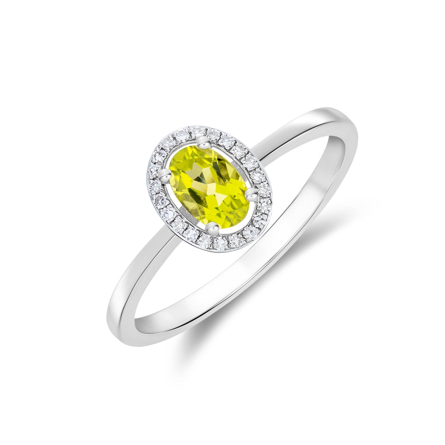 9ct White Gold 6x4 Oval Peridot and Round Diamond Halo Cluster Ring