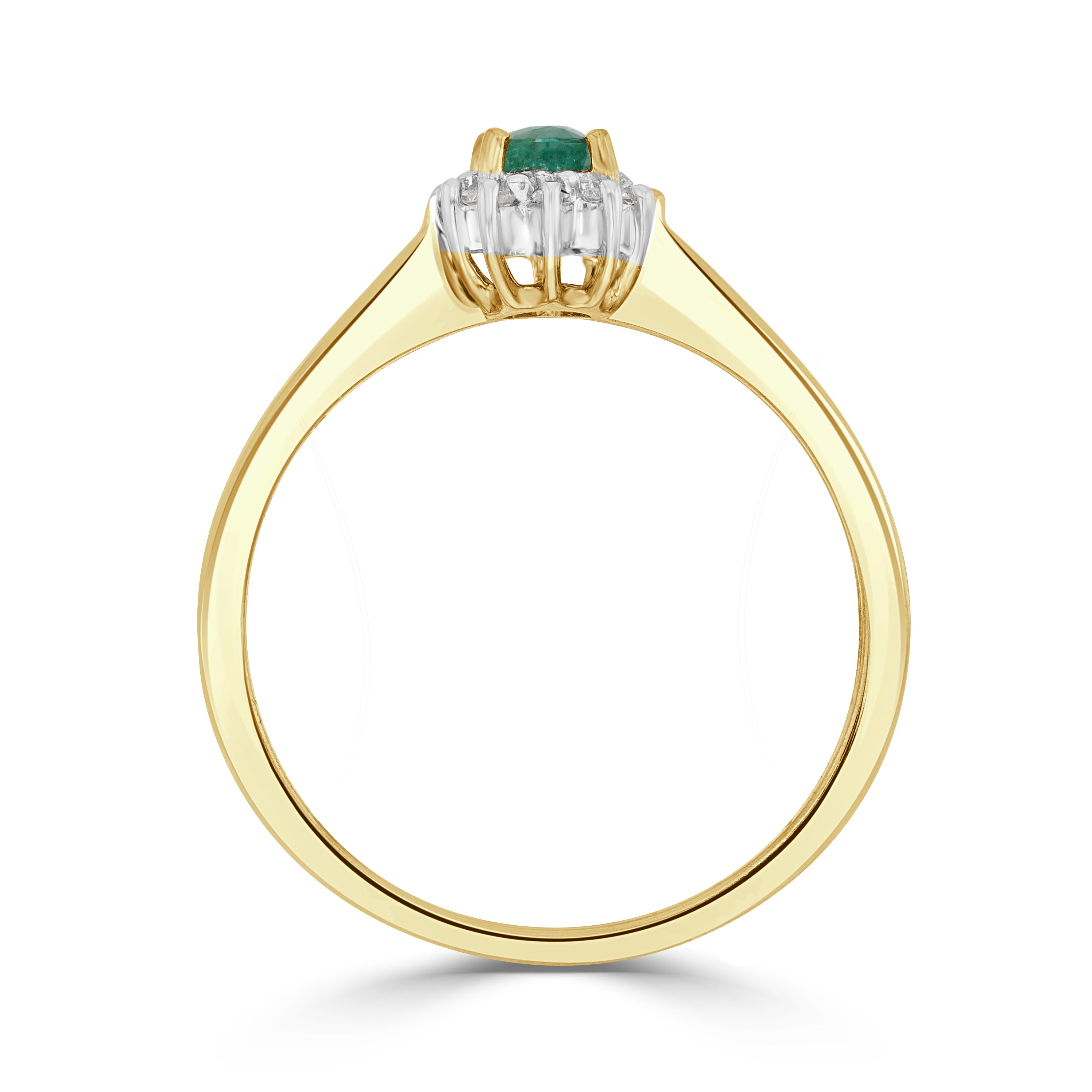 9CT YG 5X3 OVAL EMERALD & DIAMOND CLAW SET CLUSTER RING. RHODIUM TO DIAMONDS 1