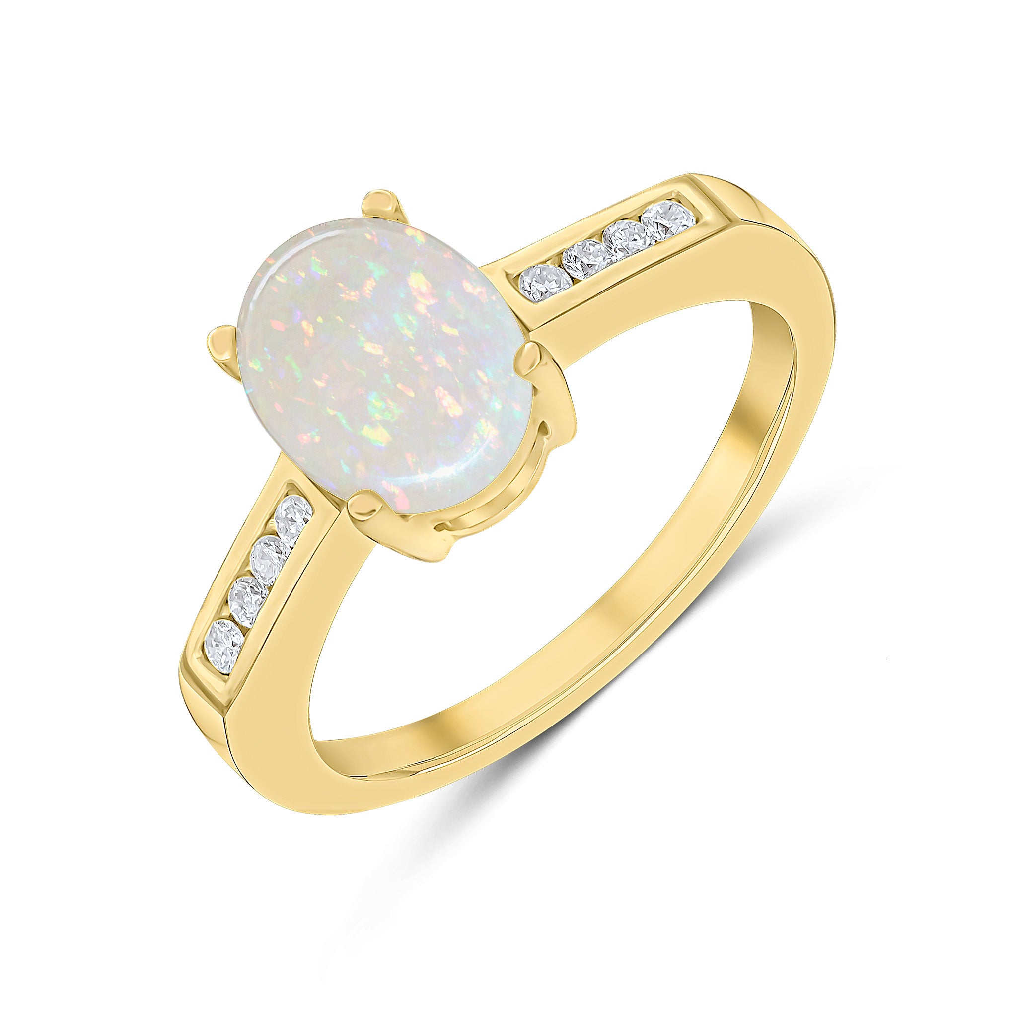 9ct White Gold 9x7mm Claw Set Oval Opal Single Stone Ring with Channel Set Diamond Shoulders