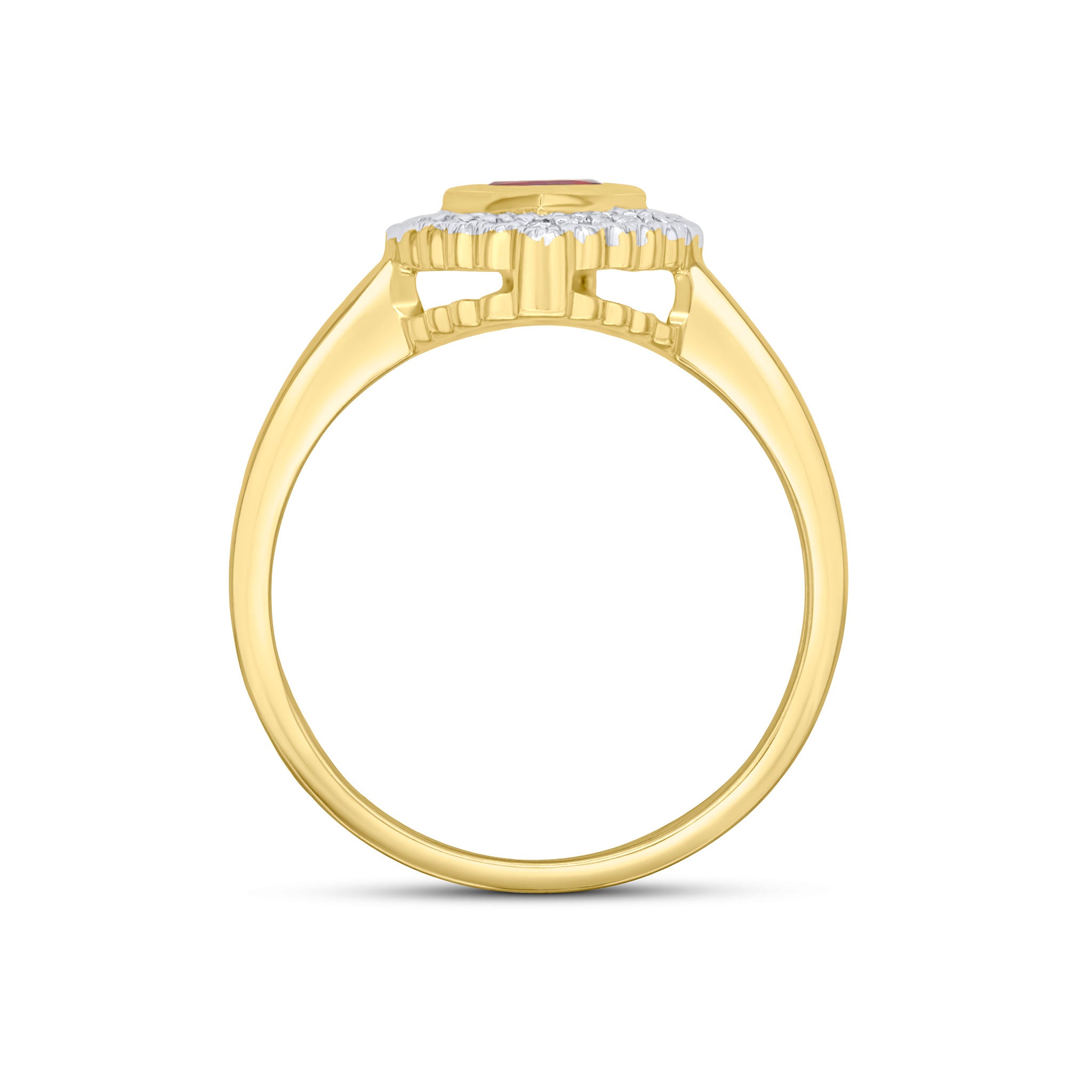 9CT YELLOW GOLD PEARSHAPE RUBOVER GARNET AND MILLEGRAIN ROUND DIAMOND CLUSTER RING. RHODIUM TO DIAMONDS 1