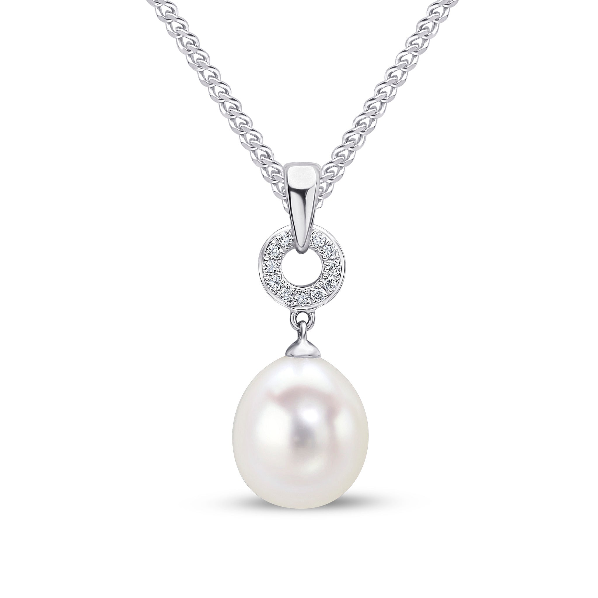 18ct White Gold Cfw Pearl & Diamond Circle Pendant with Plain Loop Top