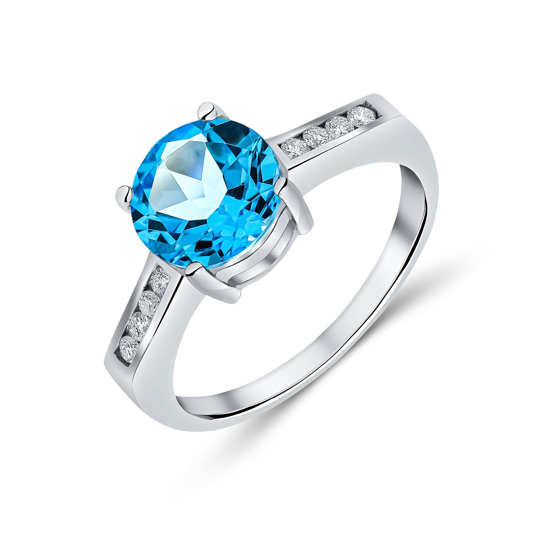 9CT WG CLAW SET 8MM ROUND SWISS BLUE TOPAZ SINGLE STONE RING WITH CHANNEL SET DIAMOND SHOULDERS 1