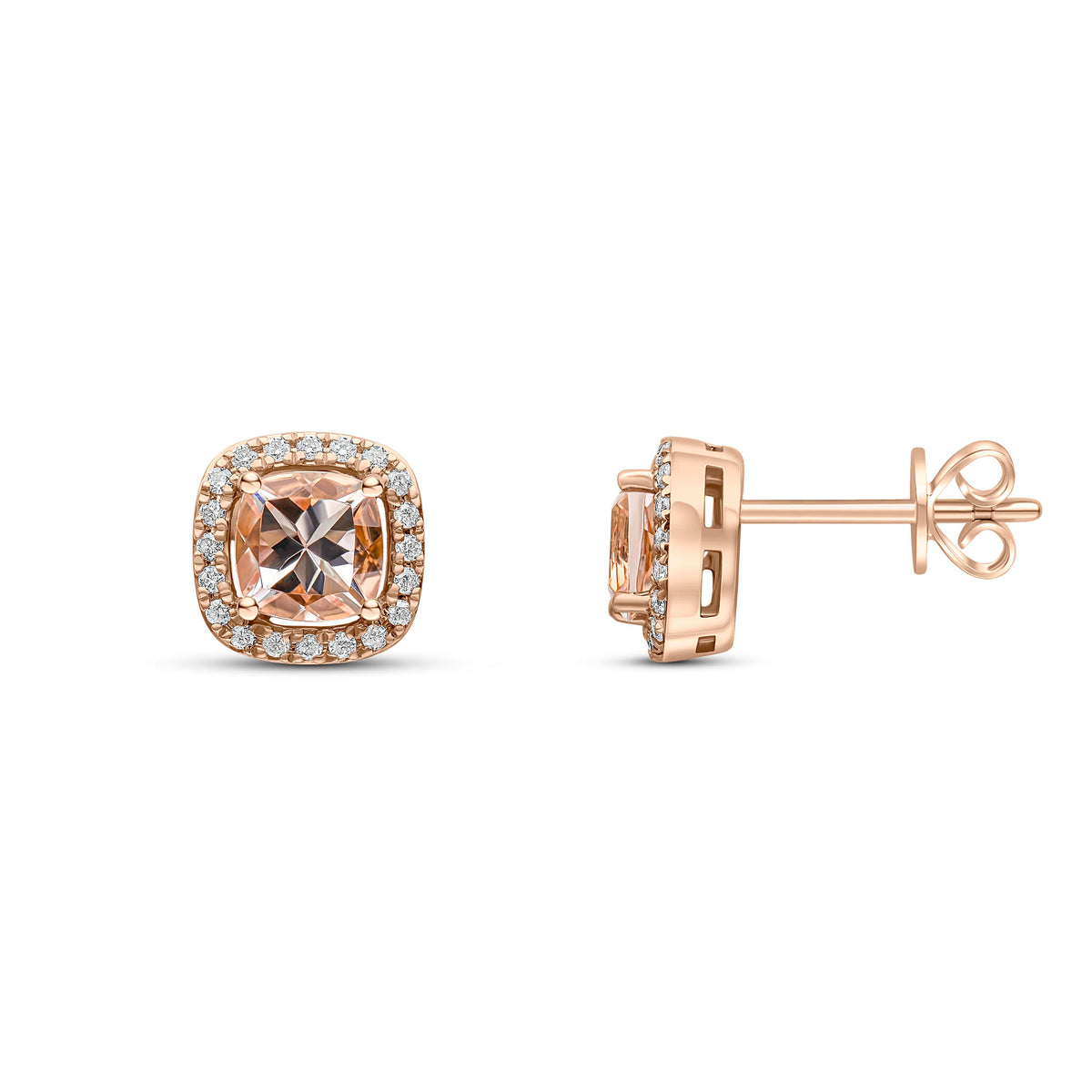 18ct Rose Gold 5mm Cushion Morganite & Diamond Claw Set Cluster Earrings