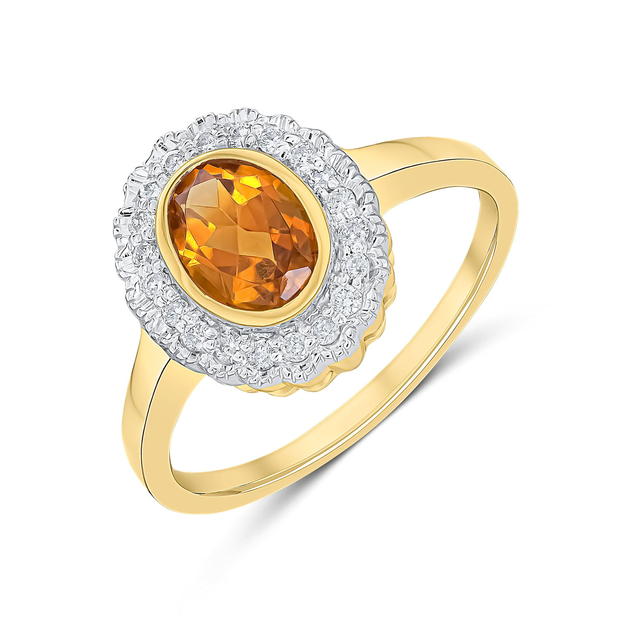 9ct Yellow Gold Rubover Oval Citrine and Milgrain Round Diamond Cluster Ring Rhodium to Diamonds