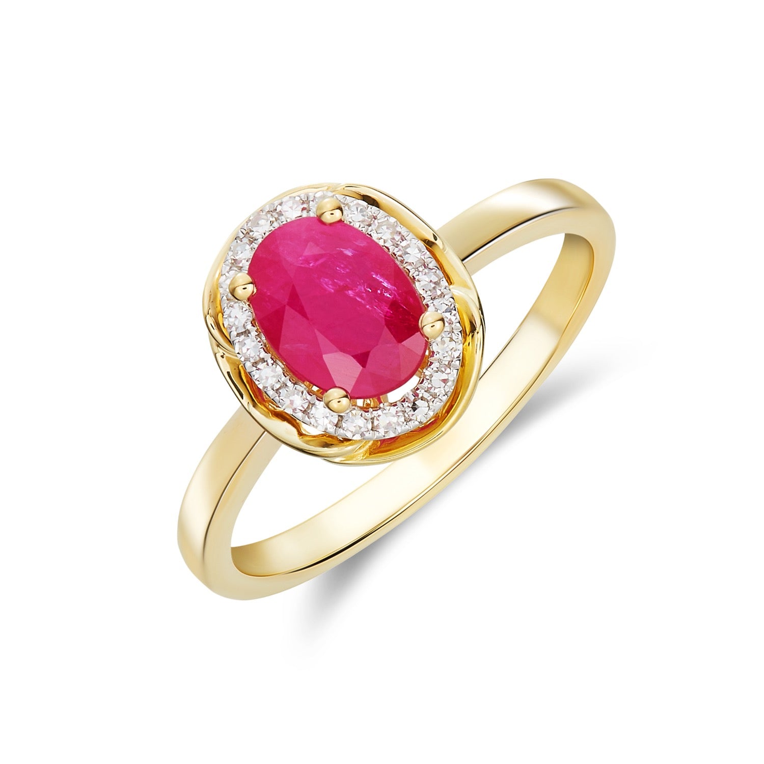 9CT YG 7X5 OVAL RUBY & DIAMOND CLUSTER RING WITH ROPE EDGE. RHODIUM TO DIAMONDS 1