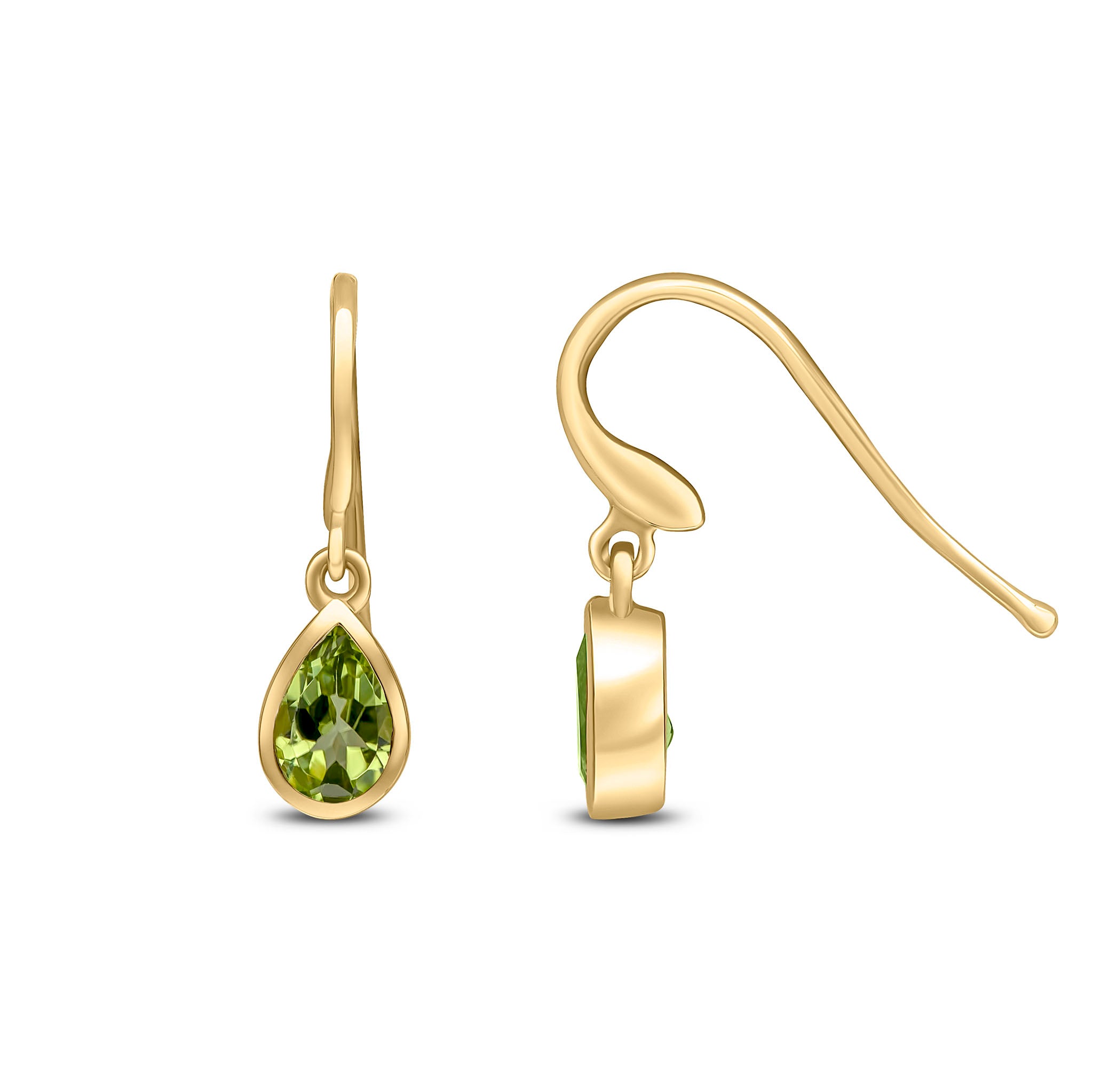 9ct Yellow Gold 6x4 Pear Shape Peridot Rubover Drop Earrings Hook Wire Fitting