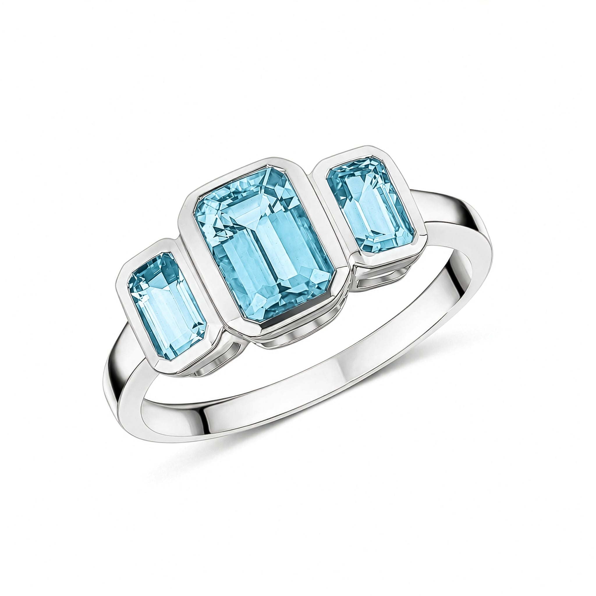 9ct White Gold Octagon Aquamarine Rubover Set 3 Stone Ring