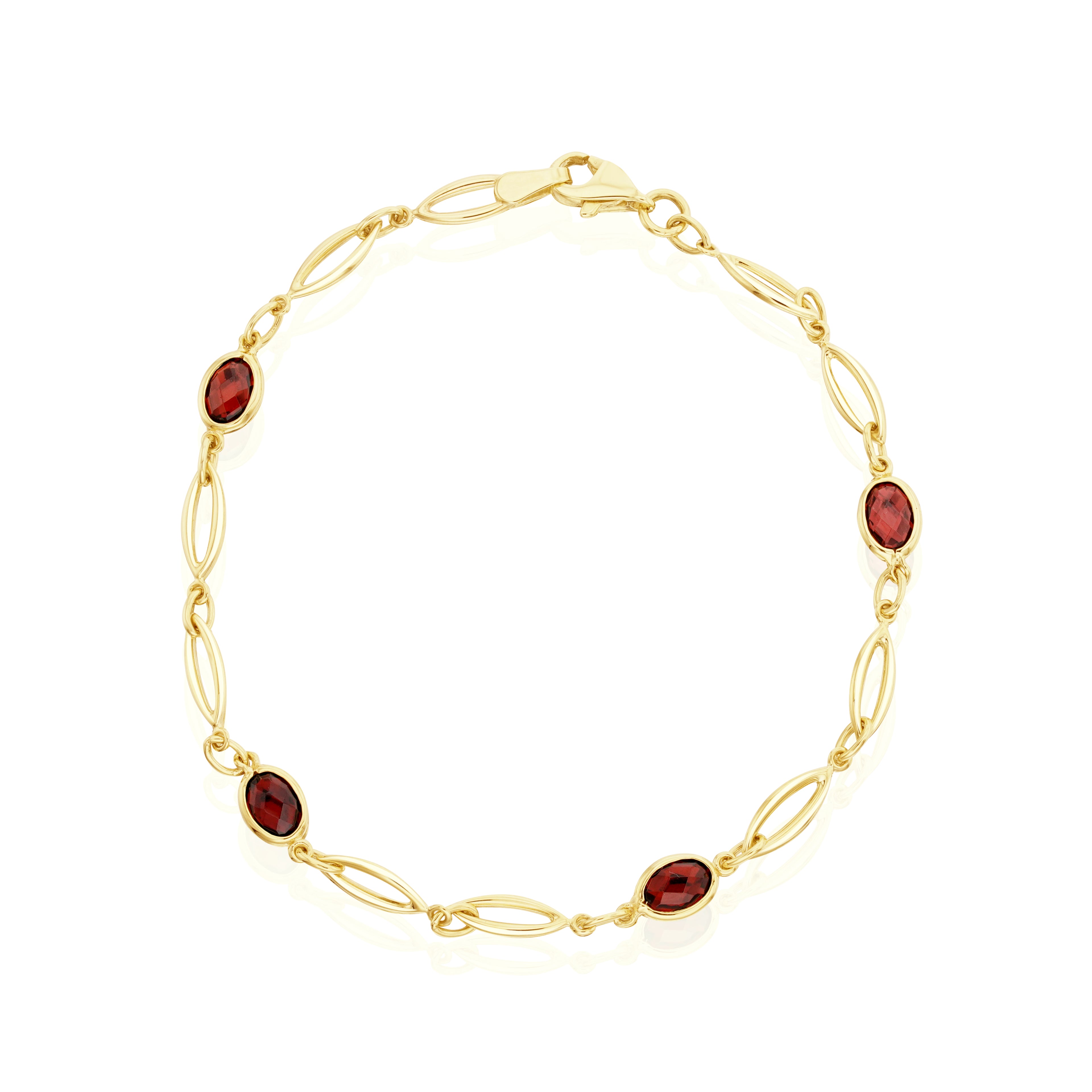 9ct Yellow Gold Spec Set Oval Garnet & Gold Open Marquise Motifs Bracelet
