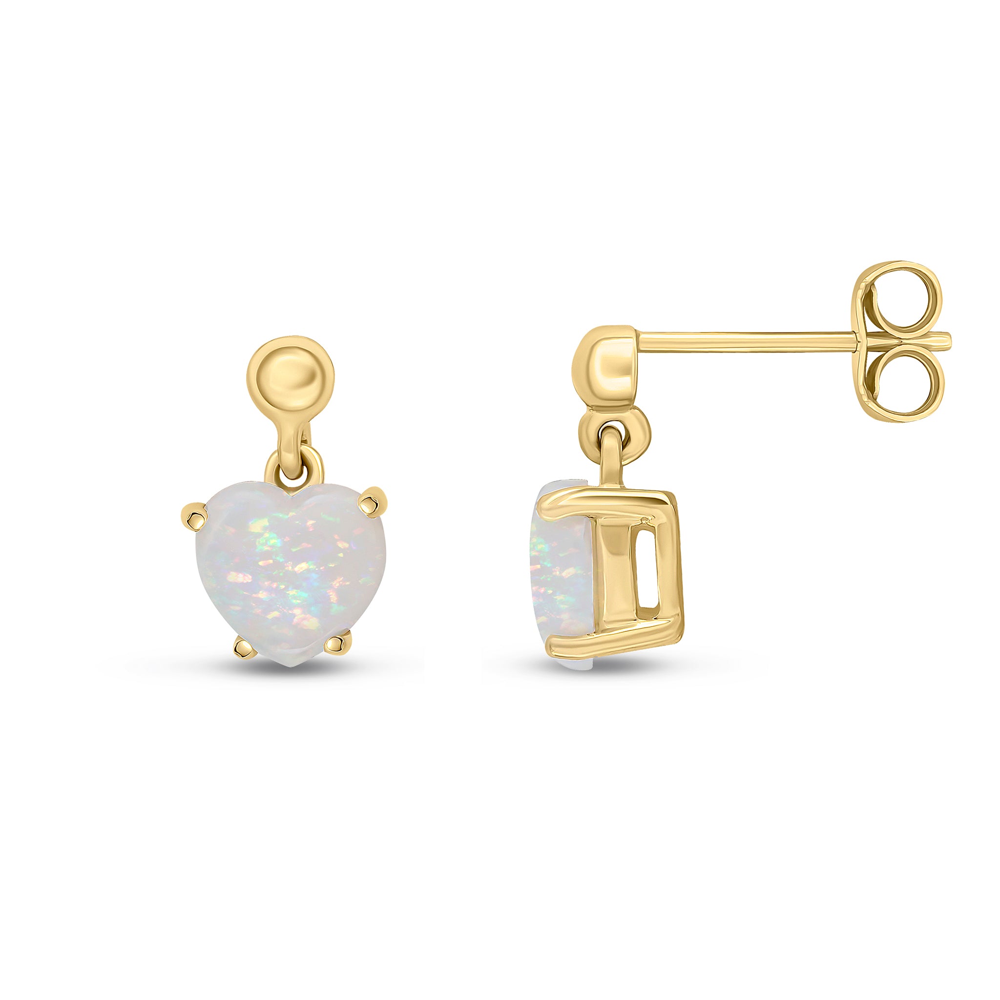 9ct Yellow Gold 6mm Heart-Shape Opal Claw Set Drop Earrings with 3mm Bead Top