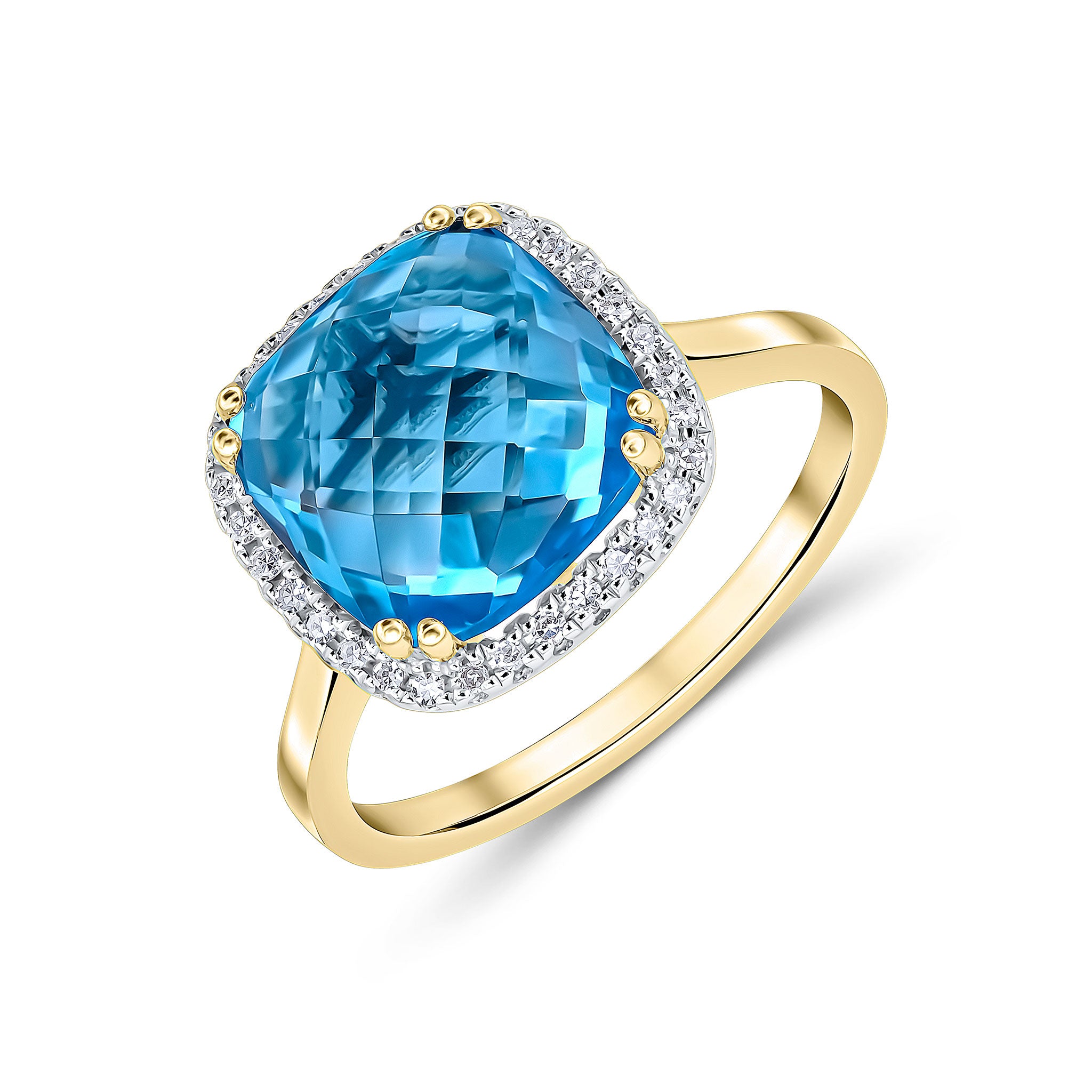 9ct Yellow Gold 10mm Checkerboard Cut Cushion Swiss Blue Topaz and Round Diamond Claw Set Cluster Ring Rhodium to Diamonds