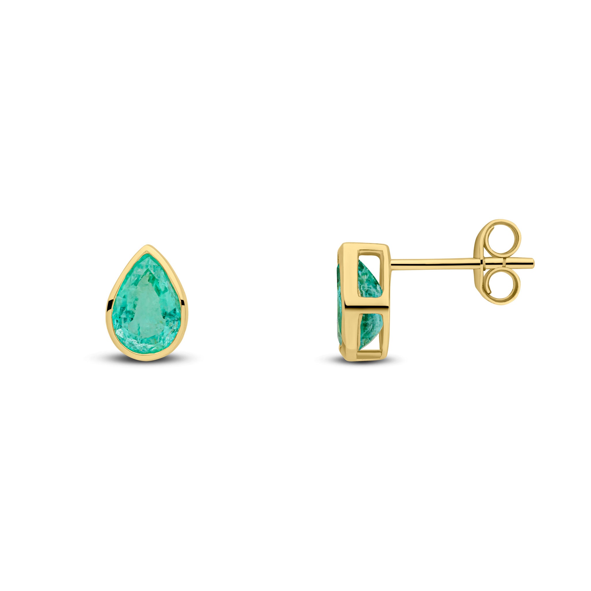 9ct Yellow Gold 7x5 Pear Shape Emerald Rubover Set Earrings