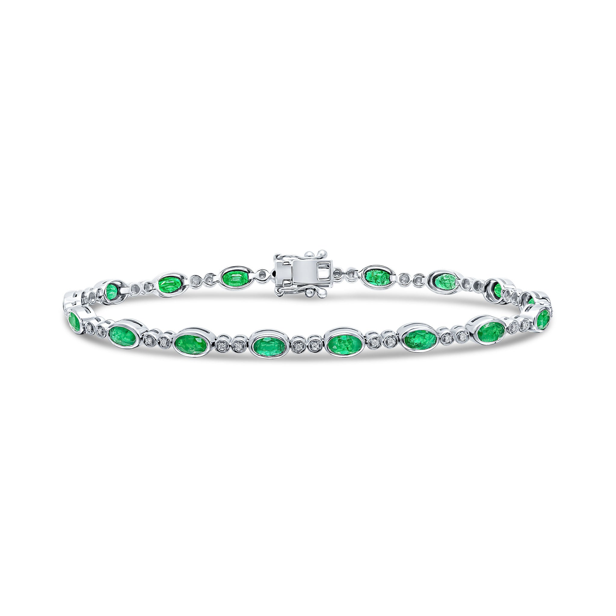 18ct White Gold Oval Emerald and 2 Stone Round Diamond Rubover Line Bracelet