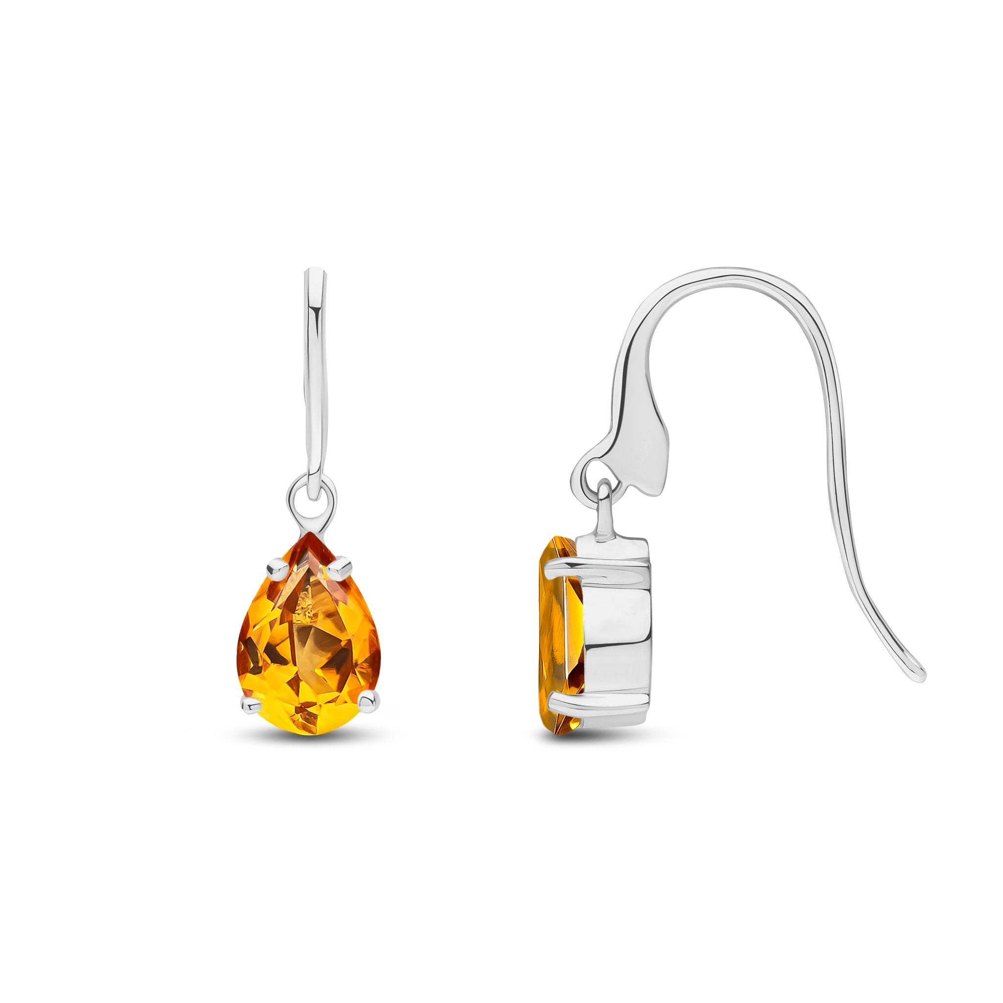 9ct White Gold 7x5mm Pear Shape Citrine Claw Wire Hook Drop Earrings