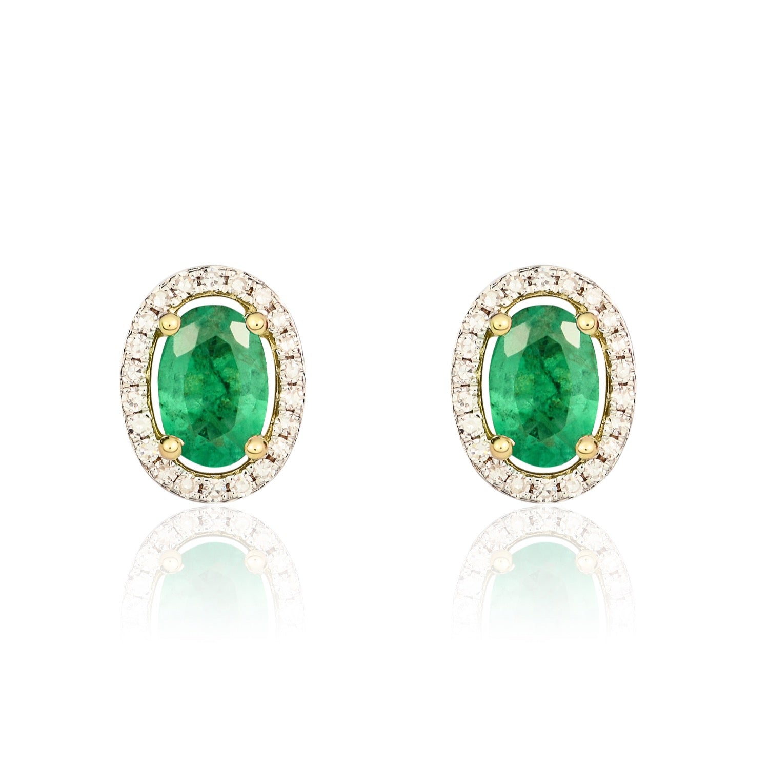 9ct Yellow Gold 6x4 Oval Emerald and Round Diamond Halo Cluster Earrings Rhodium to Diamonds