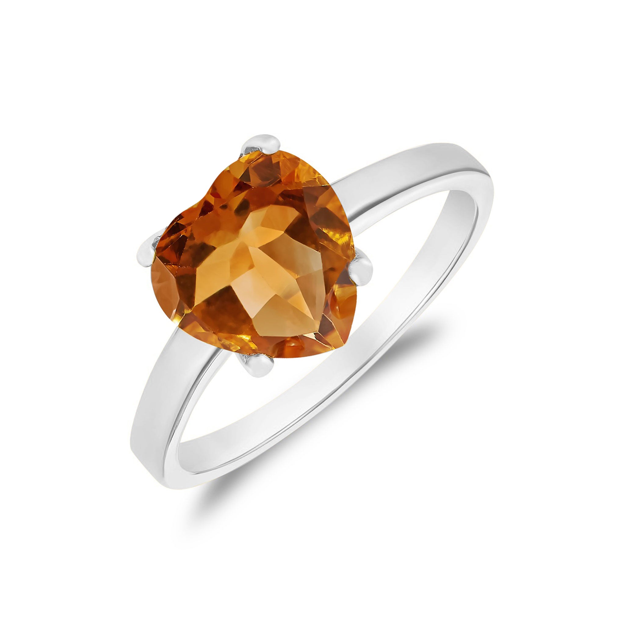 9ct White Gold 8mm Heart Citrine Claw Set Single Stone Ring