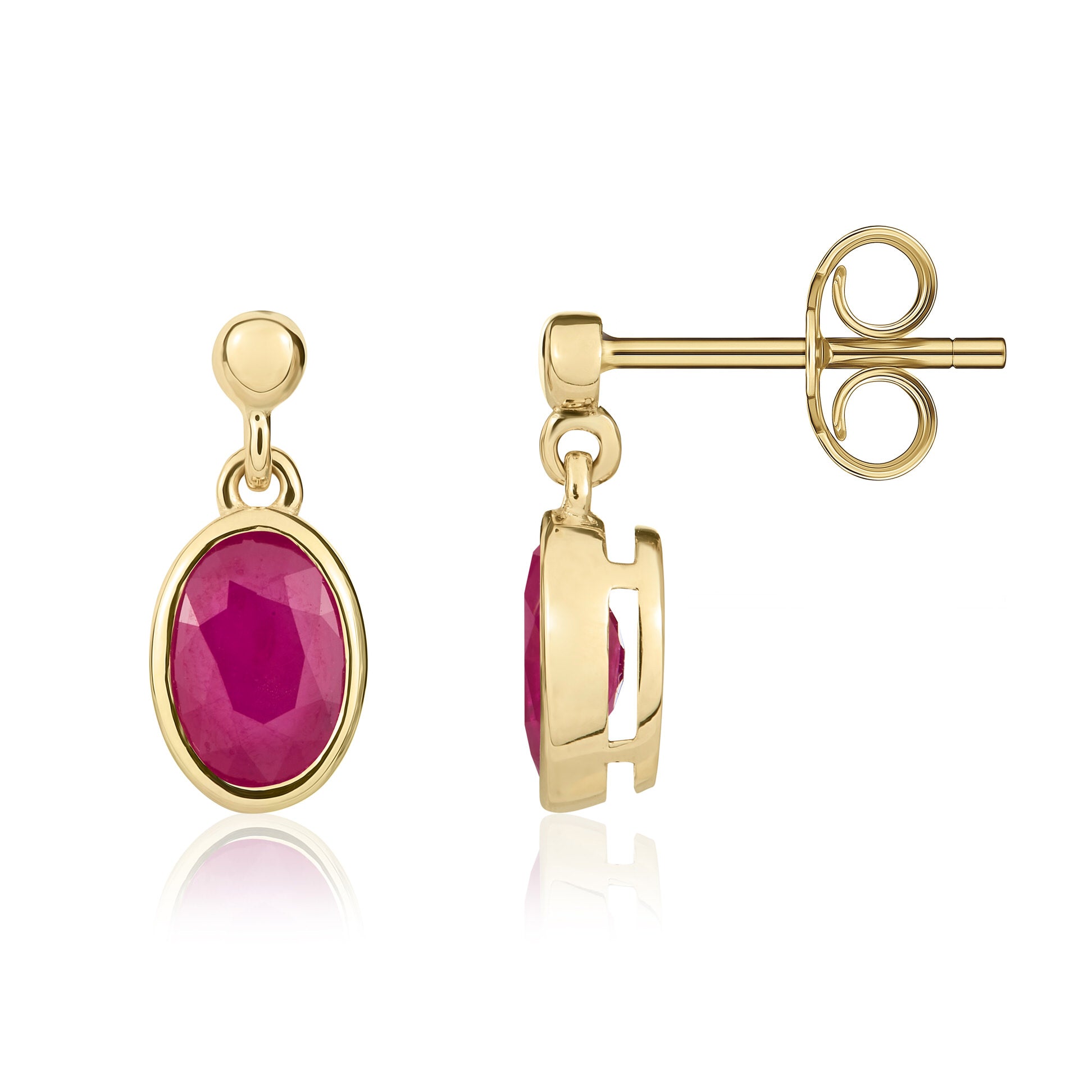 9ct Yellow Gold 7x5mm Oval Ruby Rubover Drop Earrings with Bead Top
