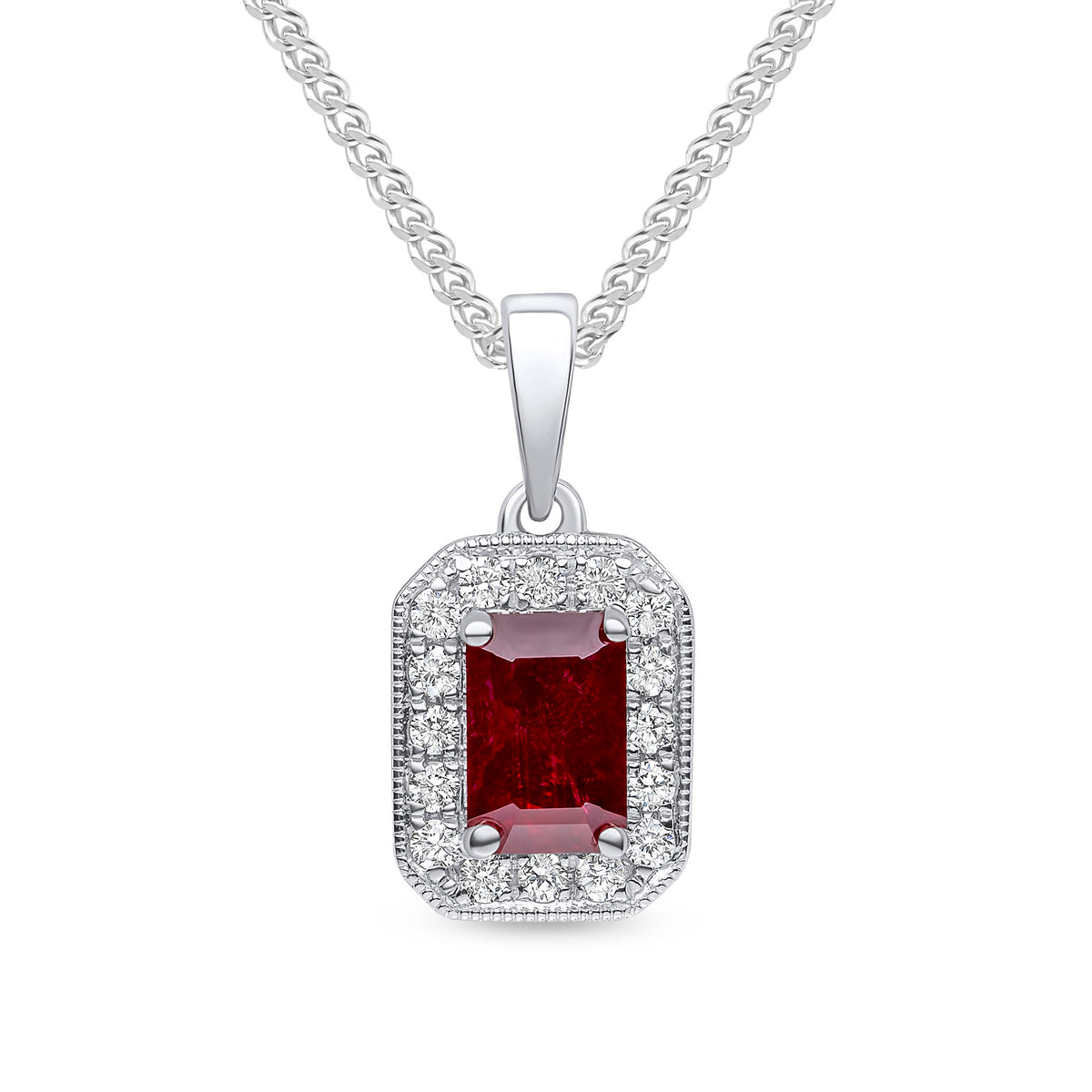 18ct White Gold 6x4 Claw Set Octagon Ruby & Milgrain Set Round Diamond Cluster Pendant with Plain Loop Top