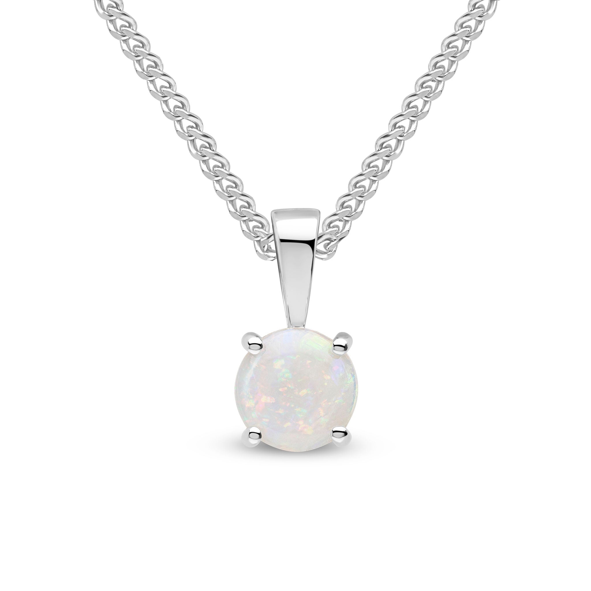 9ct White Gold 6mm Round Opal 4 Claw Pendant