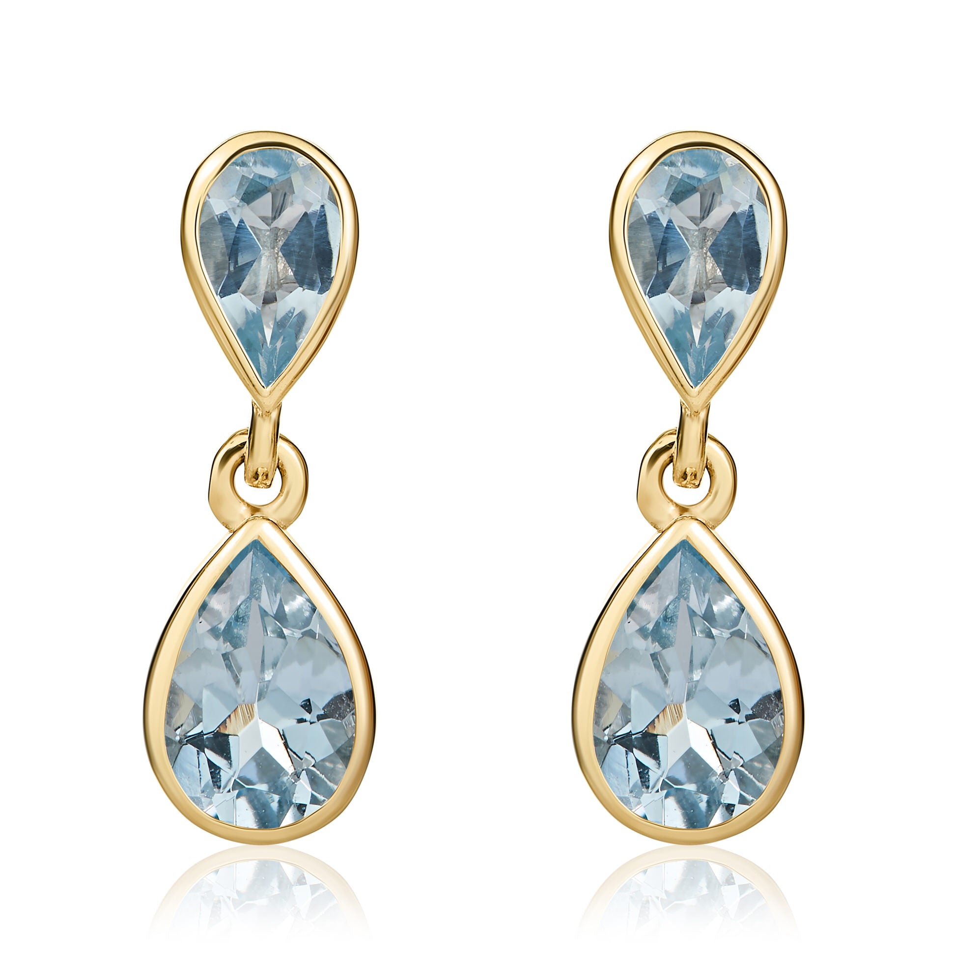 9ct Yellow Gold Pear Aquamarine Double Drop Rubover Earrings