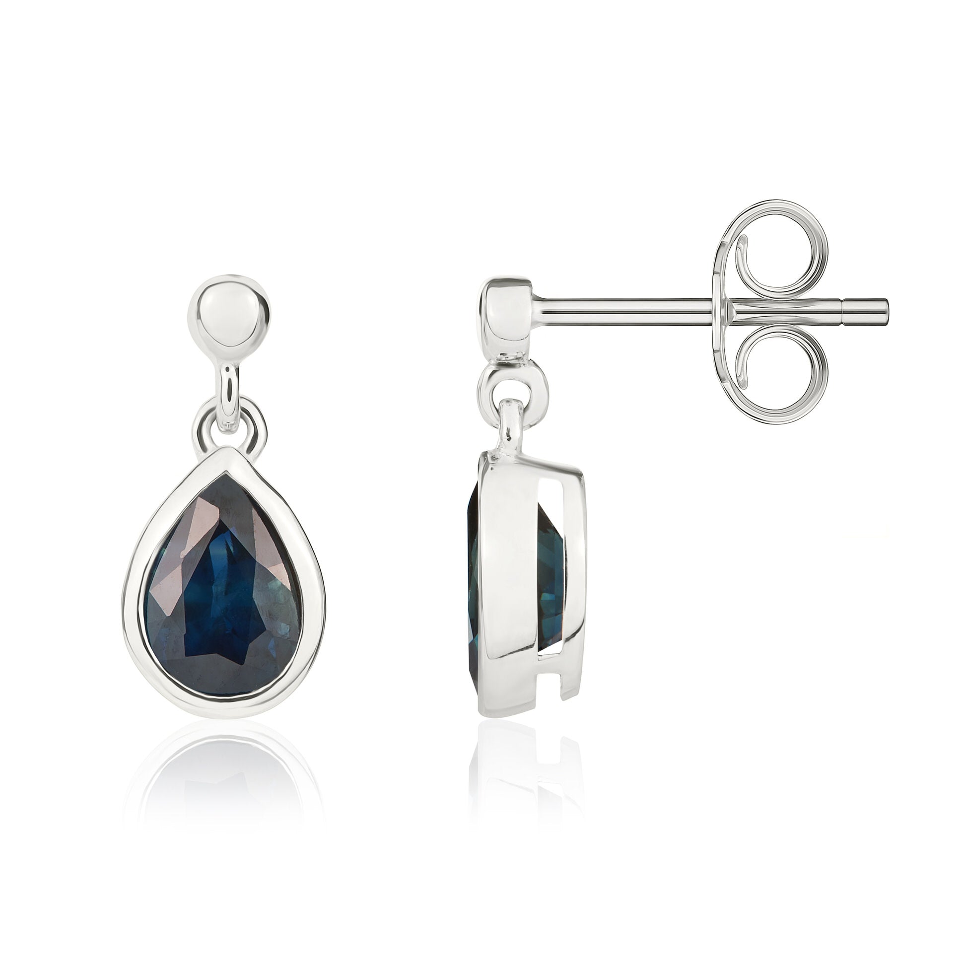 9ct White Gold 7x5 Pear Shape Sapphire Rubover Drop Earrings with Bead Top