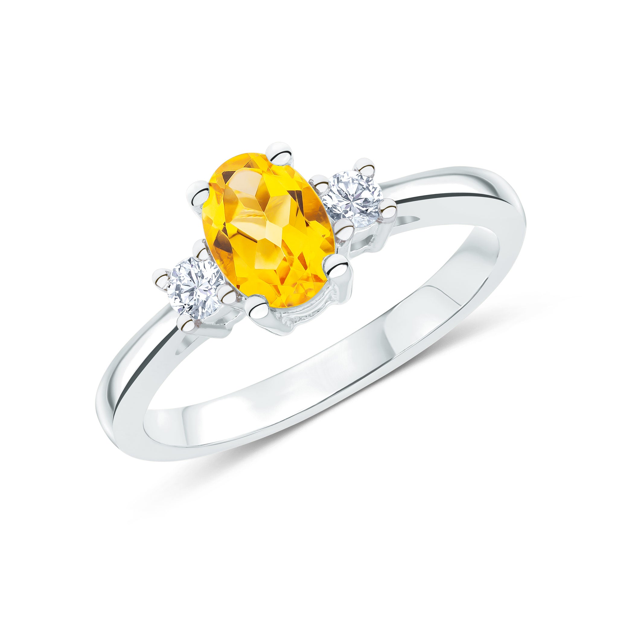9ct White Gold 7x5 Oval Citrine and Round Diamond Claw Set 3 Stone Ring