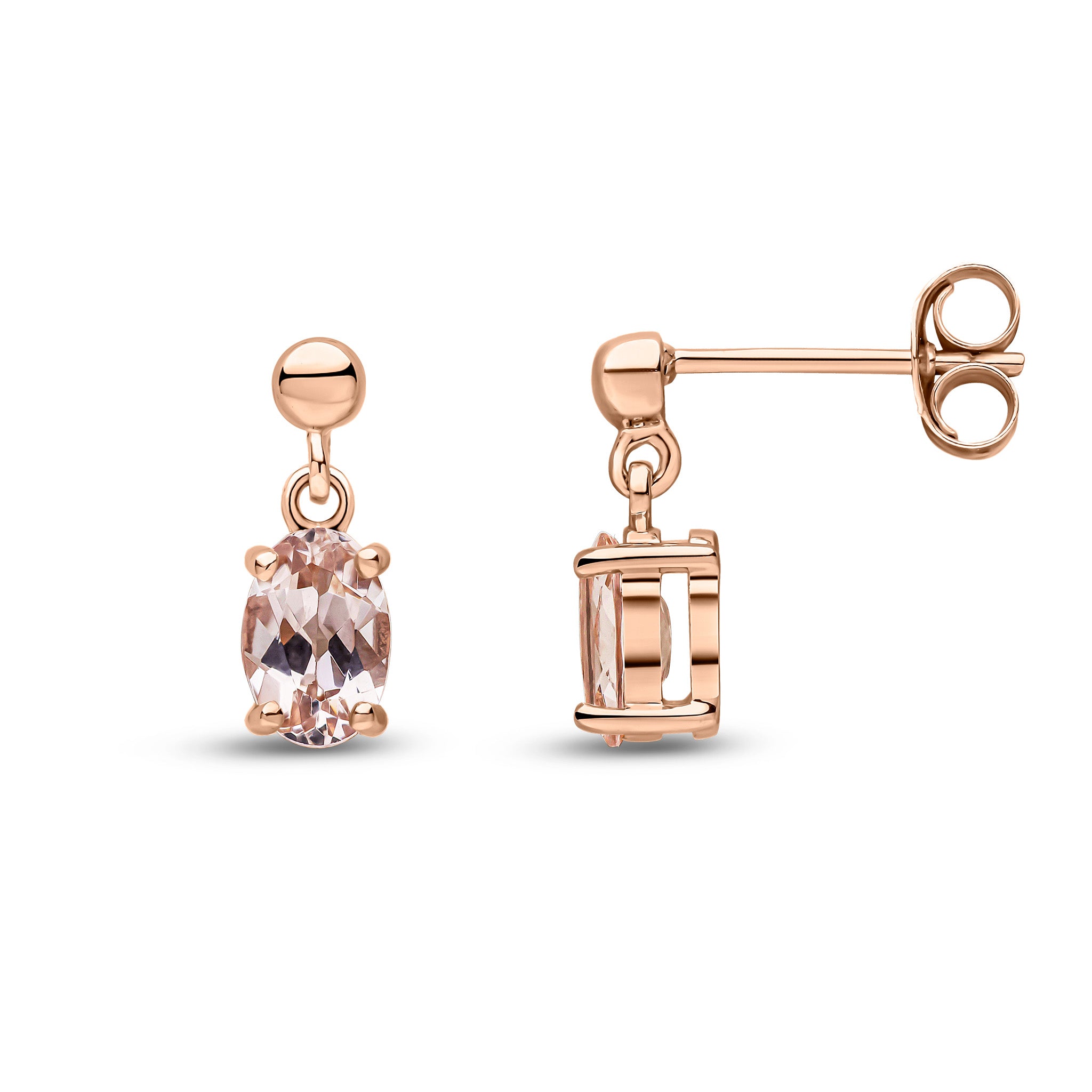 9ct Rose Gold 6x4 Oval Morganite Claw Set Drop Earrings with Bead Top